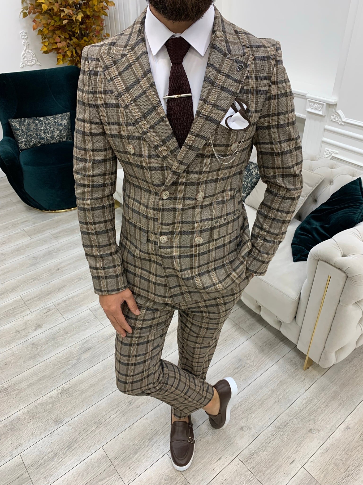 Pantaloni giacca da abito doppiopetto stile italiano - Marrone