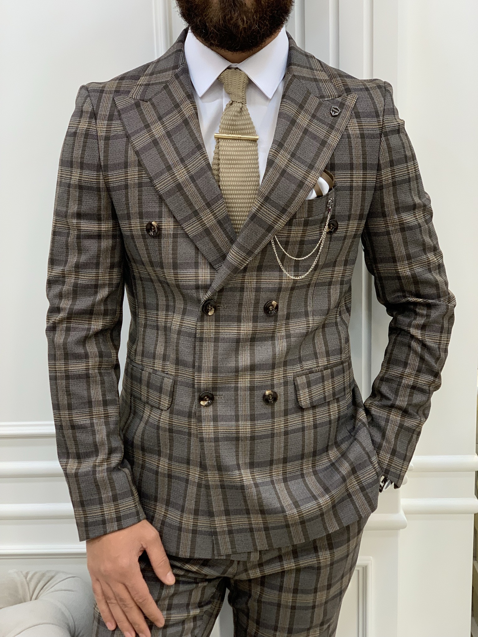 Pantaloni giacca da abito doppiopetto stile italiano - Marrone amaro