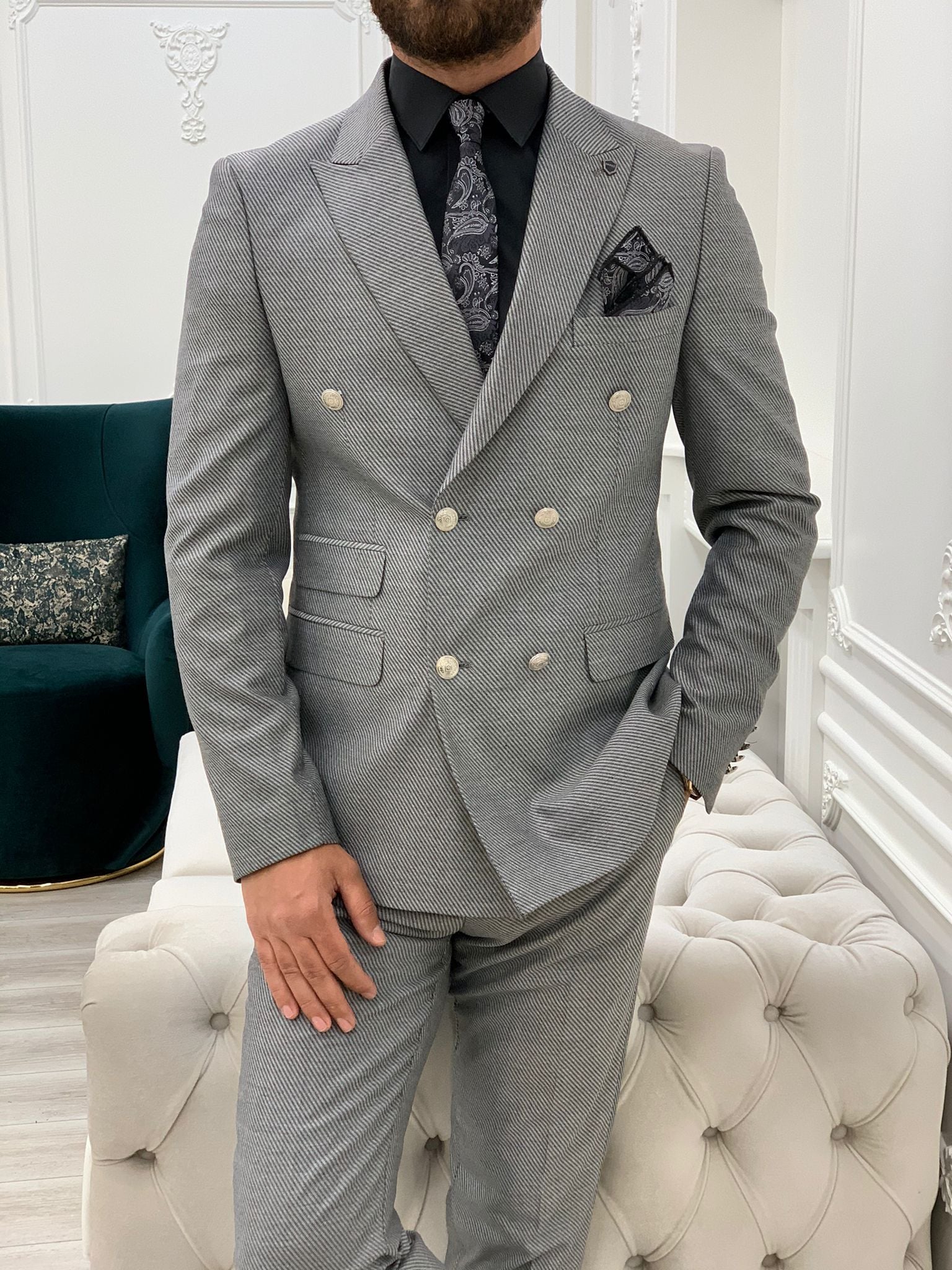Pantaloni giacca da abito doppiopetto stile italiano - Grigio chiaro