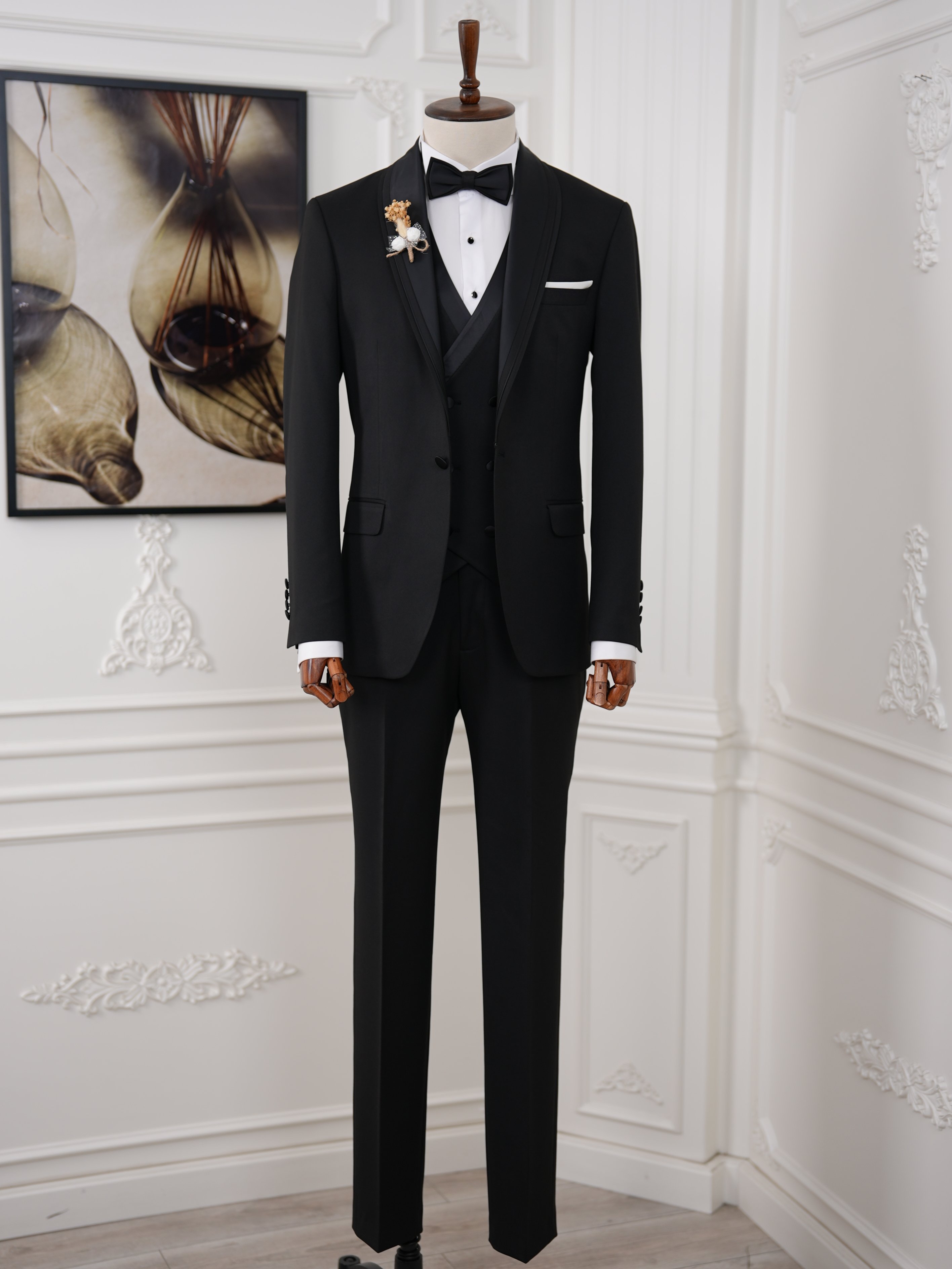 İtalyan Stil Slim Fit Şal Yaka Ceket Yelek Pantolon Papyon Damatlık Smokin - Siyah
