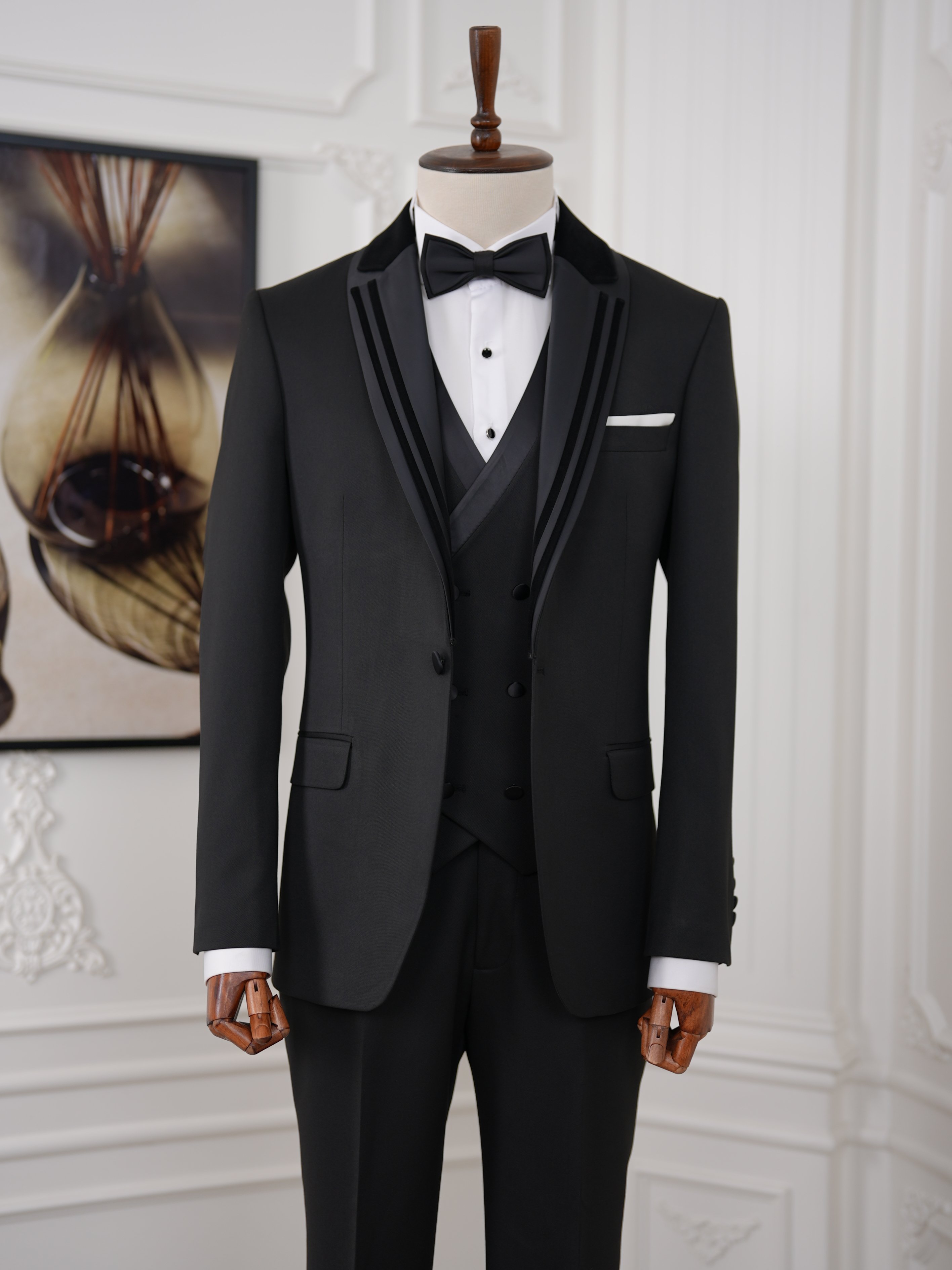 İtalyan Stil Slim Fit Şal Yaka Ceket Yelek Pantolon Papyon Damatlık Smokin - Siyah