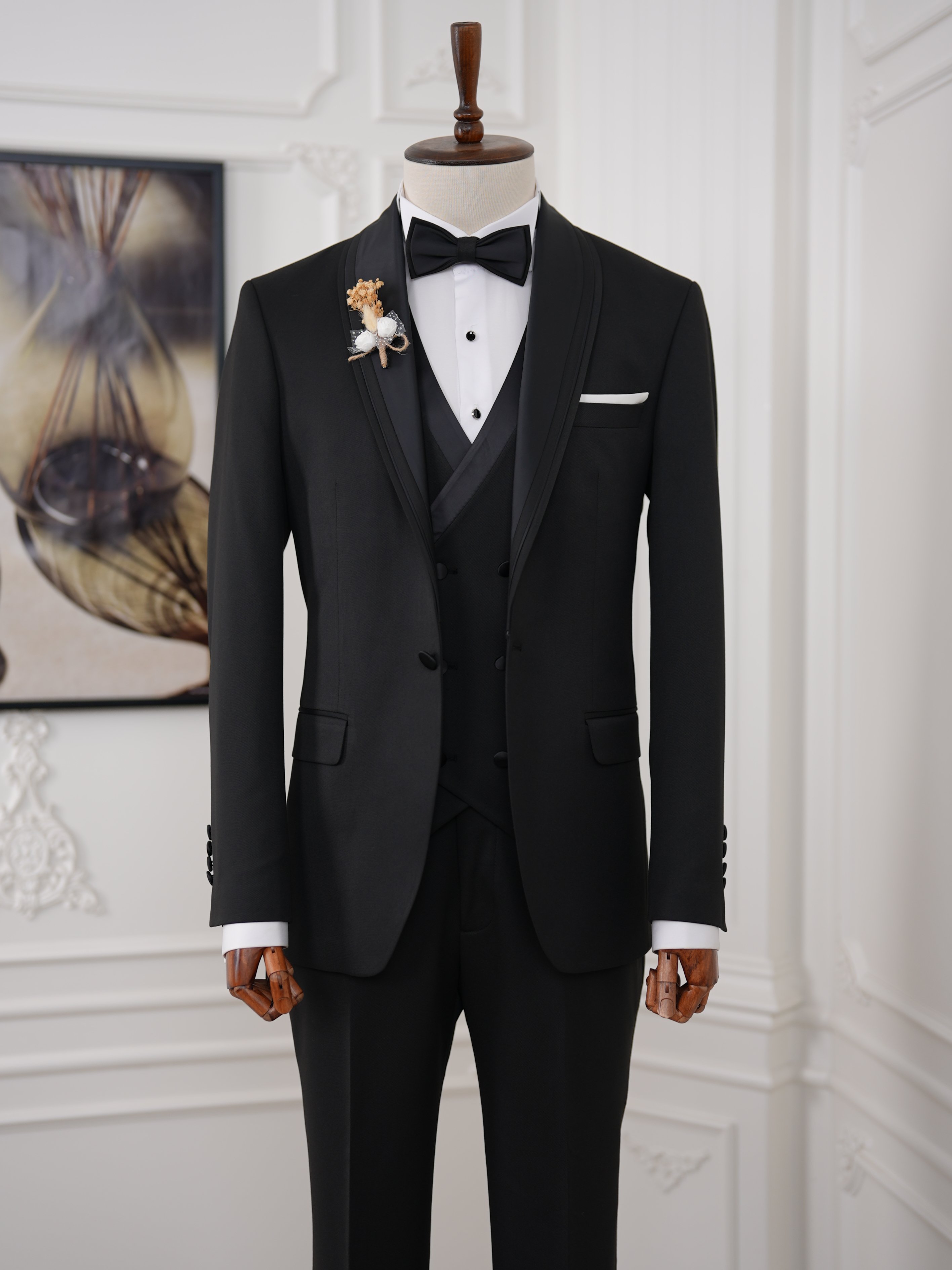 İtalyan Stil Slim Fit Şal Yaka Ceket Yelek Pantolon Papyon Damatlık Smokin - Siyah