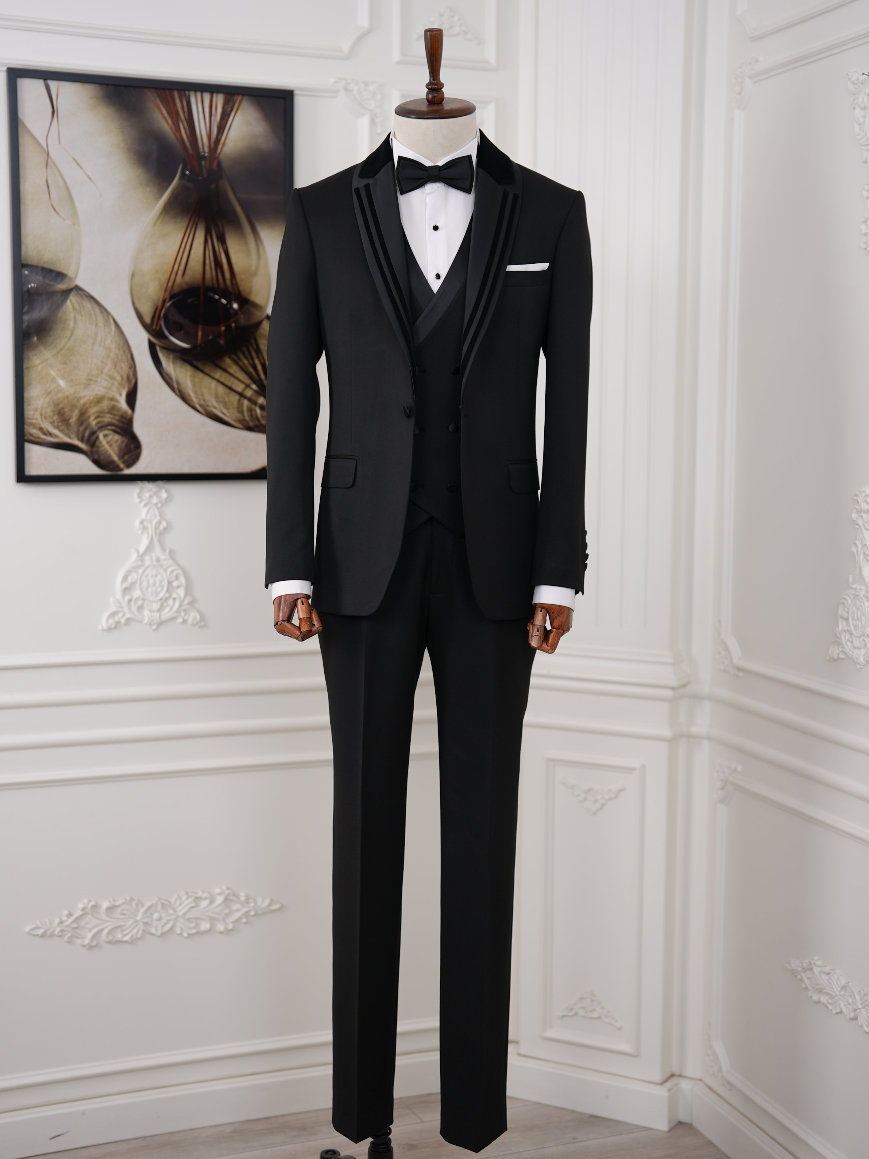 İtalyan Stil Slim Fit Şal Yaka Ceket Yelek Pantolon Papyon Damatlık Smokin - Siyah