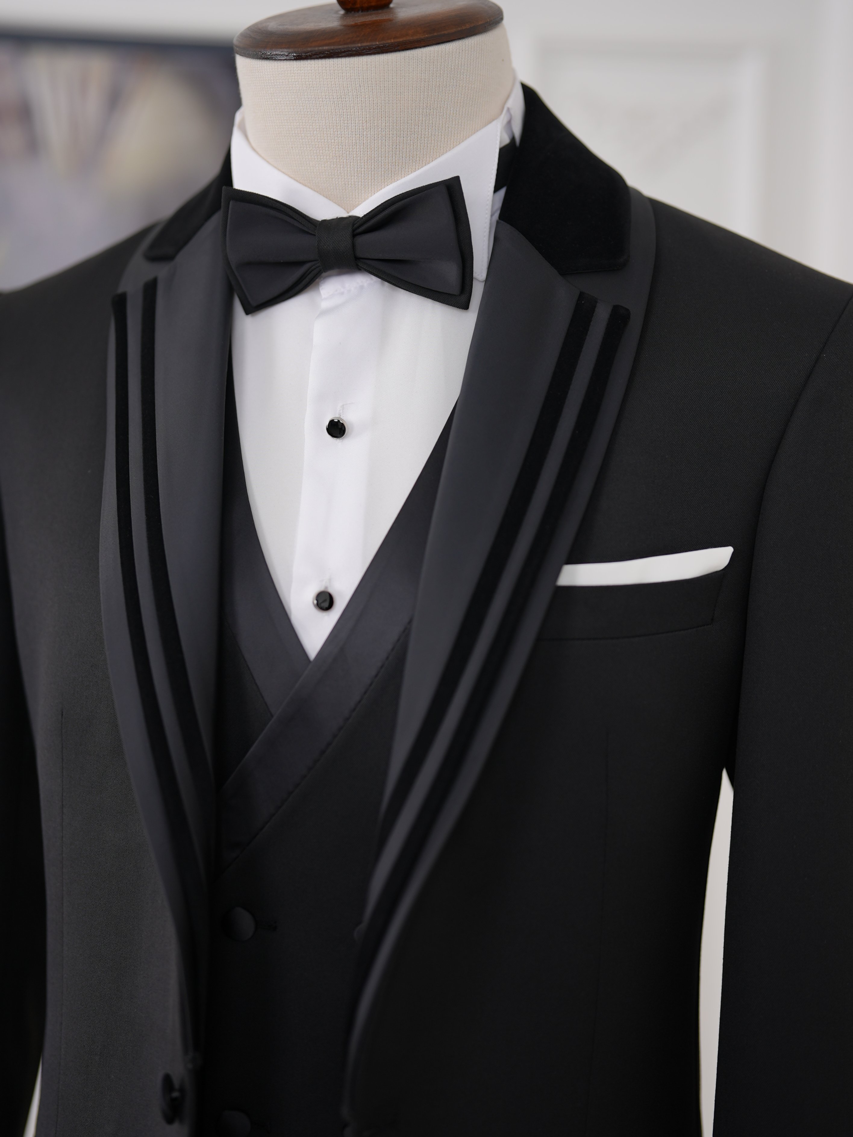 İtalyan Stil Slim Fit Şal Yaka Ceket Yelek Pantolon Papyon Damatlık Smokin - Siyah