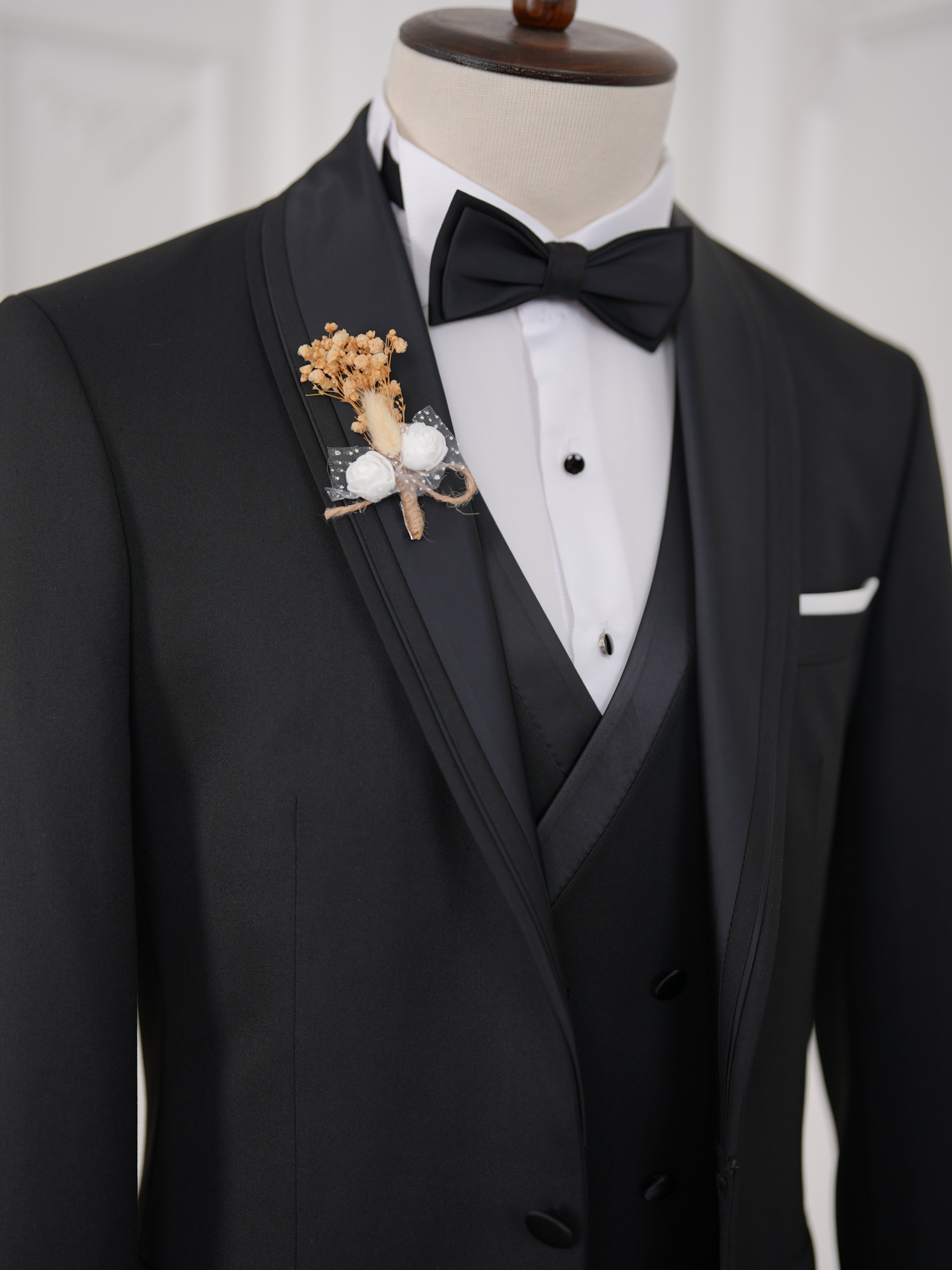 İtalyan Stil Slim Fit Şal Yaka Ceket Yelek Pantolon Papyon Damatlık Smokin - Siyah