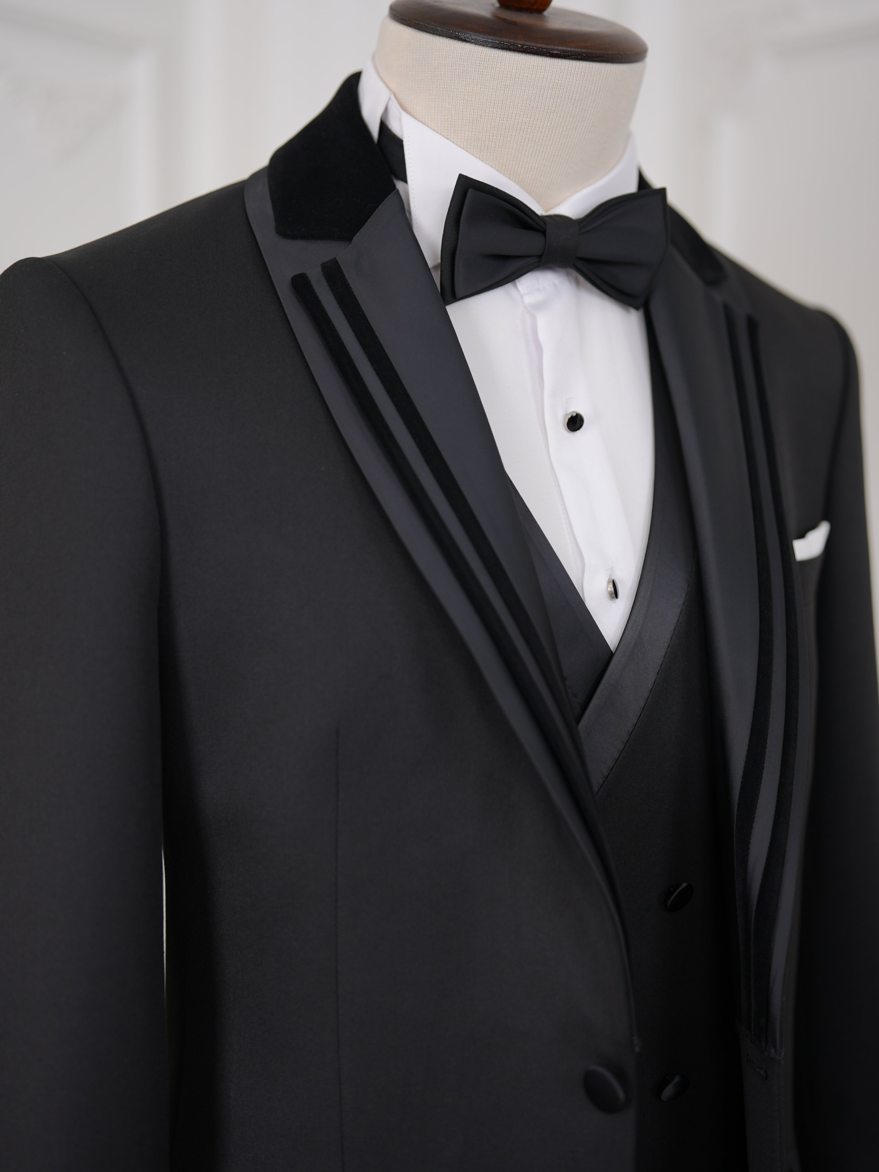 İtalyan Stil Slim Fit Şal Yaka Ceket Yelek Pantolon Papyon Damatlık Smokin - Siyah
