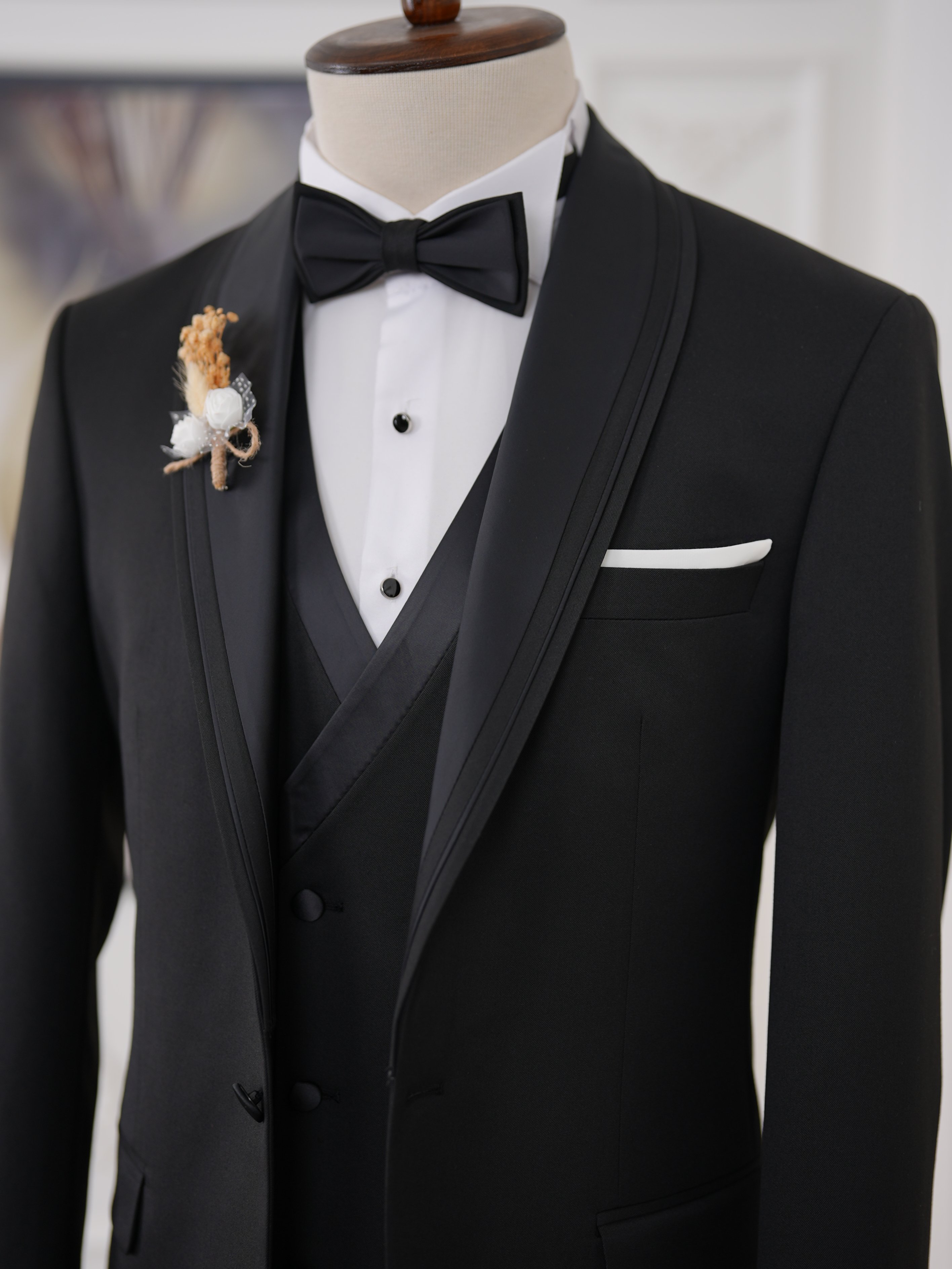 İtalyan Stil Slim Fit Şal Yaka Ceket Yelek Pantolon Papyon Damatlık Smokin - Siyah