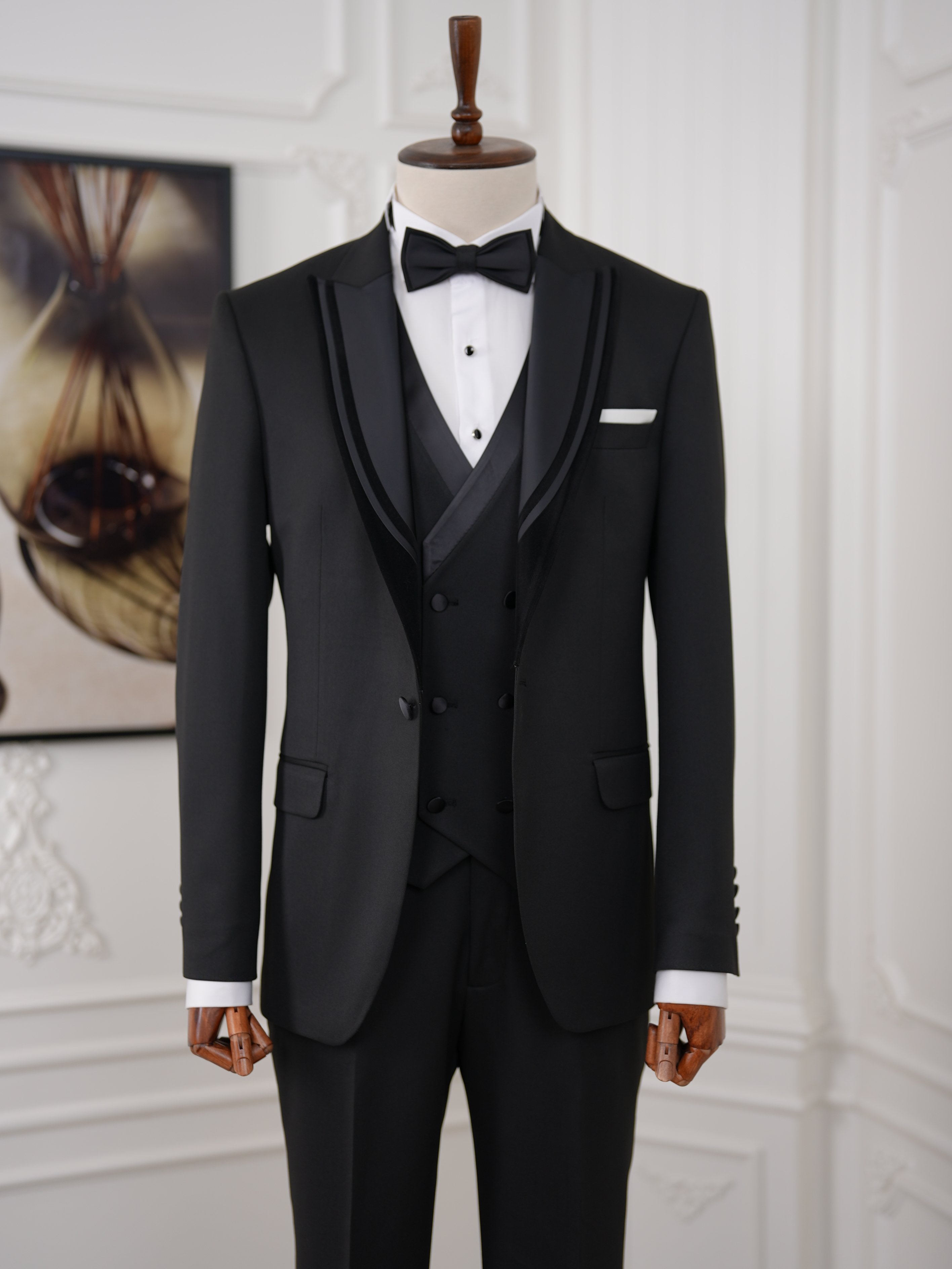İtalyan Stil Slim Fit Sivri Yaka Ceket Yelek Pantolon Damatlık Smokin - Siyah