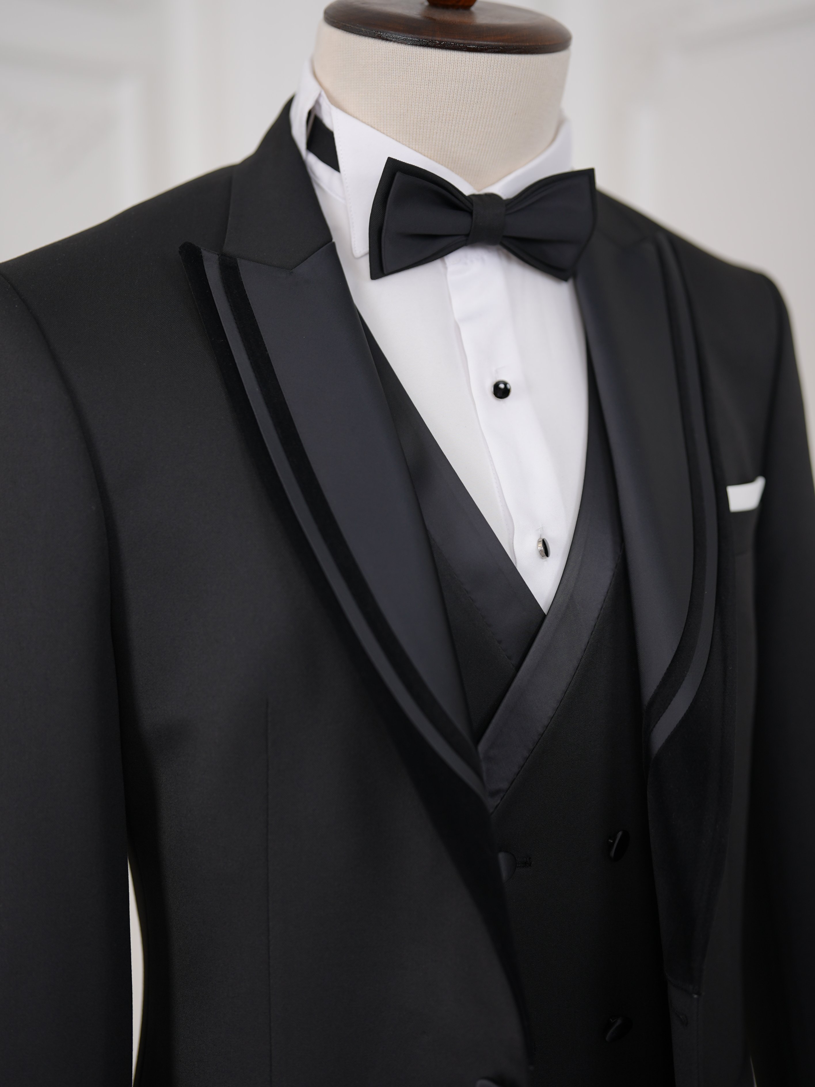 İtalyan Stil Slim Fit Sivri Yaka Ceket Yelek Pantolon Damatlık Smokin - Siyah