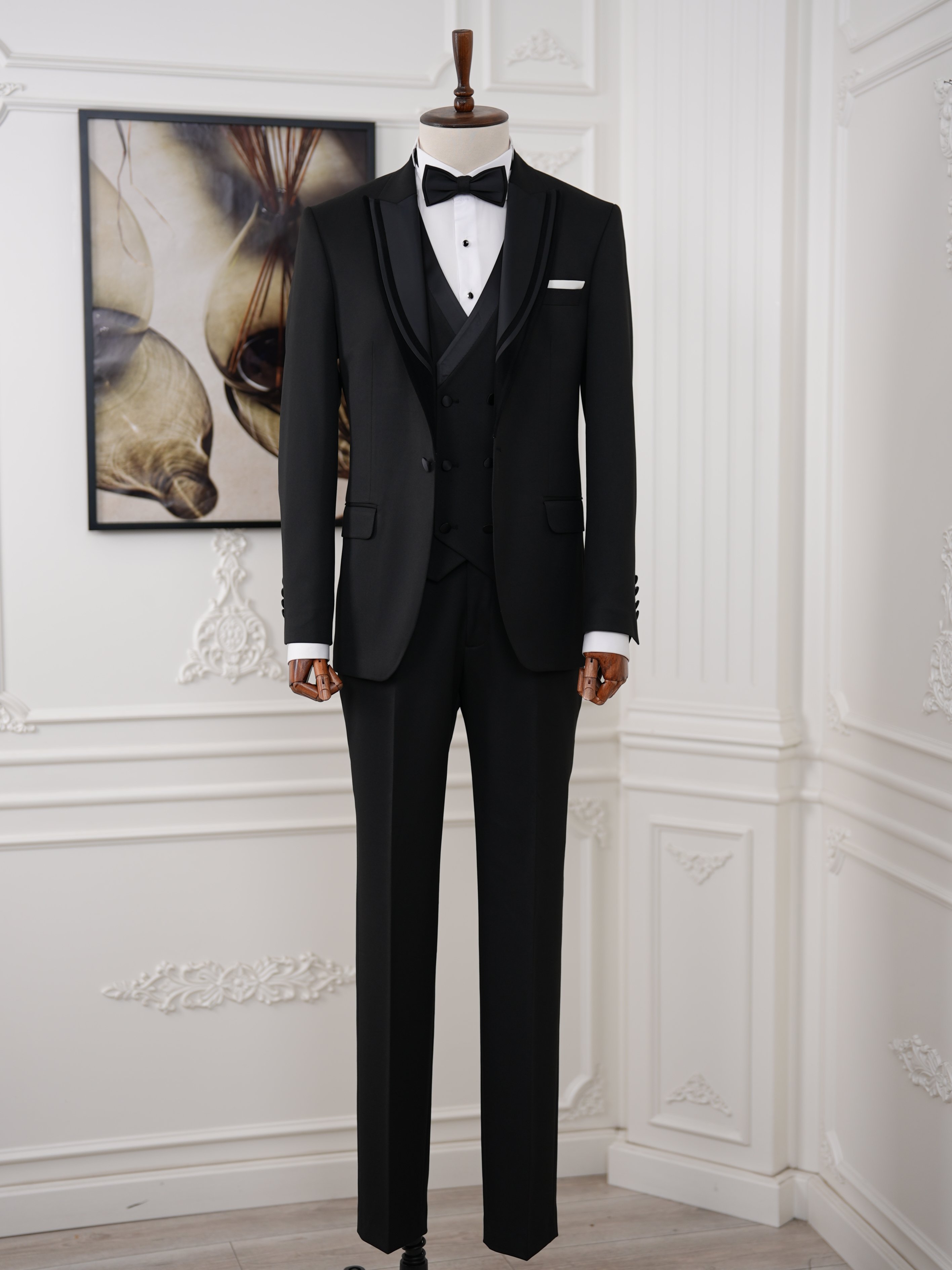 İtalyan Stil Slim Fit Sivri Yaka Ceket Yelek Pantolon Damatlık Smokin - Siyah