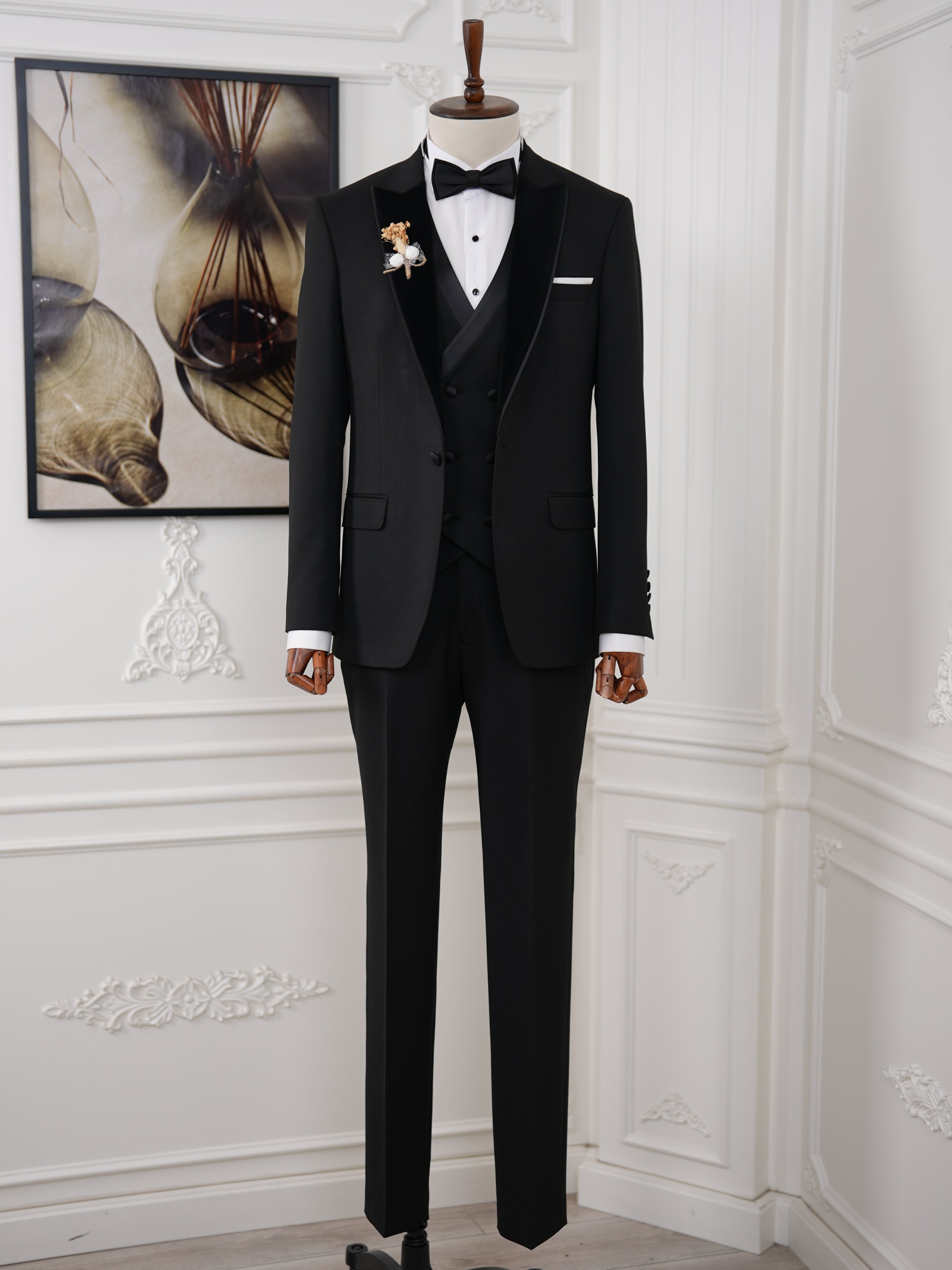 İtalyan Stil Slim Fit Sivri Yaka Ceket Yelek Pantolon Papyon Damatlık Smokin - Siyah