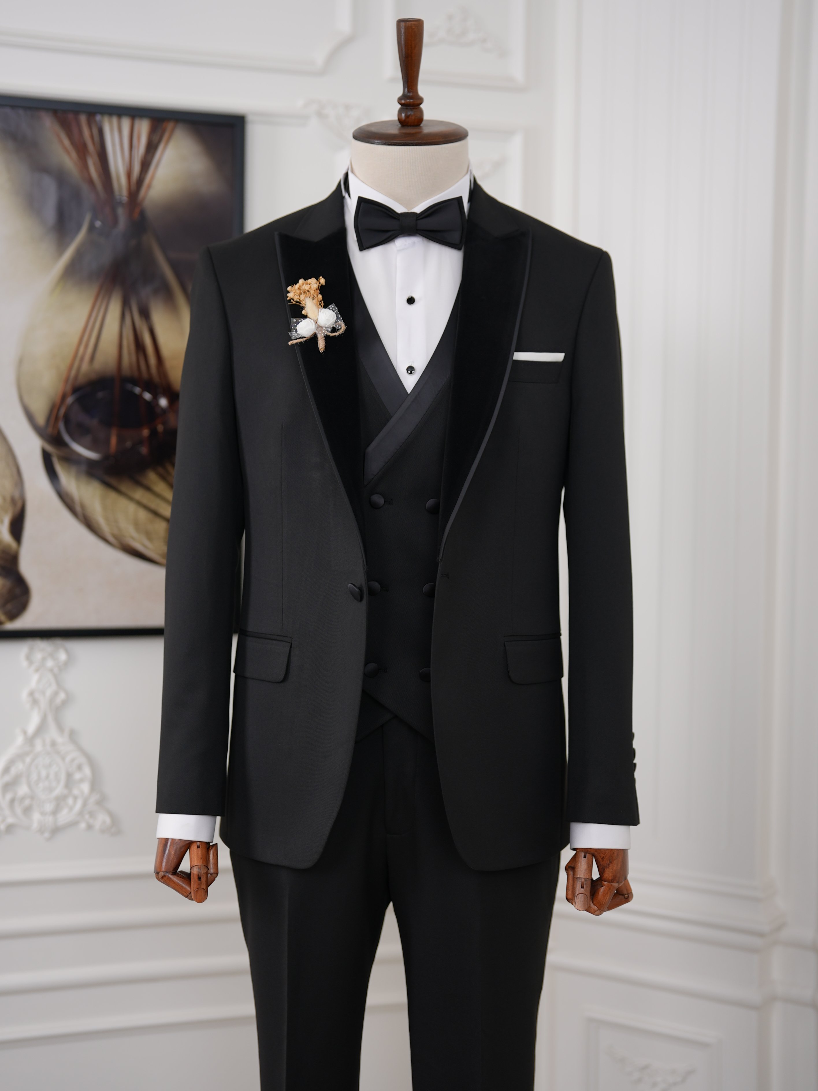 İtalyan Stil Slim Fit Sivri Yaka Ceket Yelek Pantolon Papyon Damatlık Smokin - Siyah