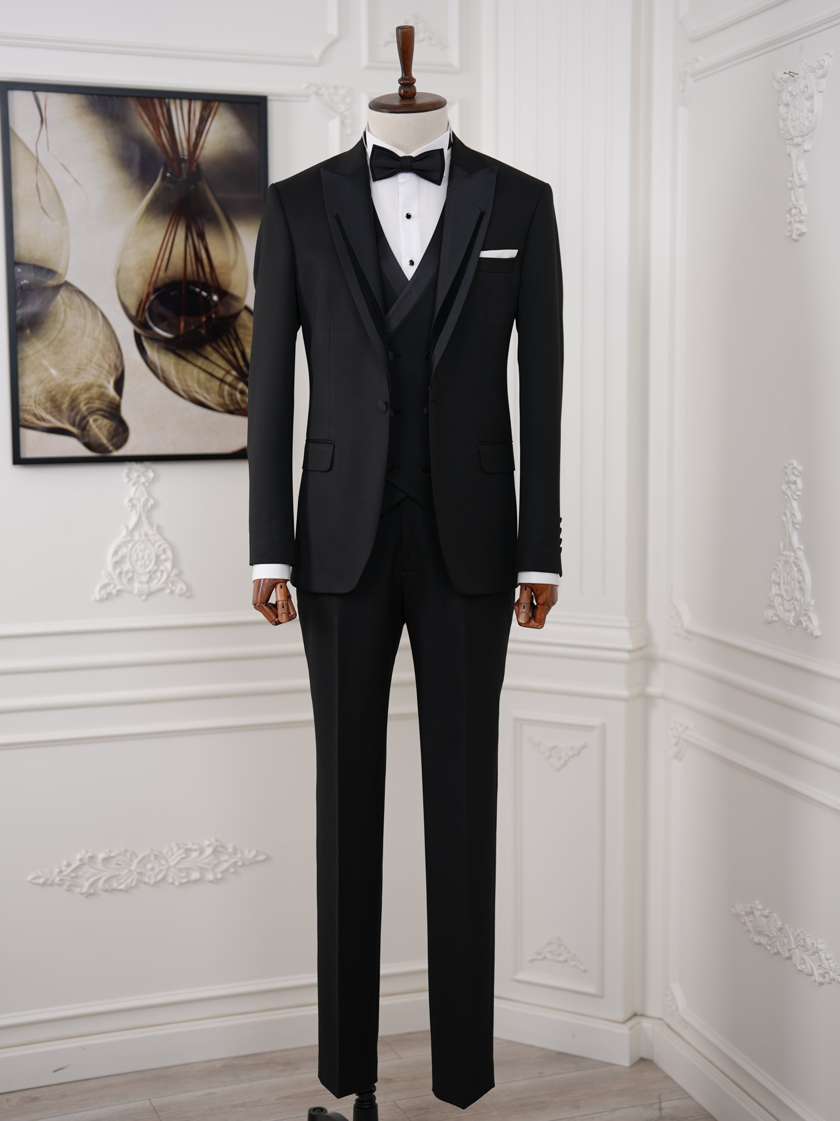 İtalyan Stil Slim Fit Sivri Yaka Ceket Yelek Pantolon Papyon Damatlık Smokin - Siyah