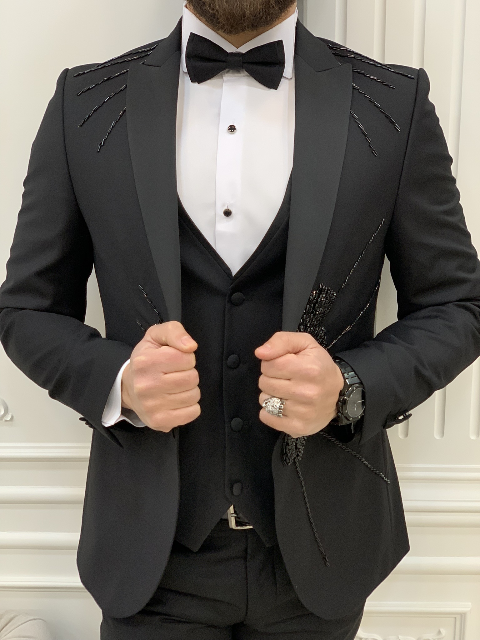 İtalyan Stil Smokin Ceket Yelek Pantolon Papyon-Siyah