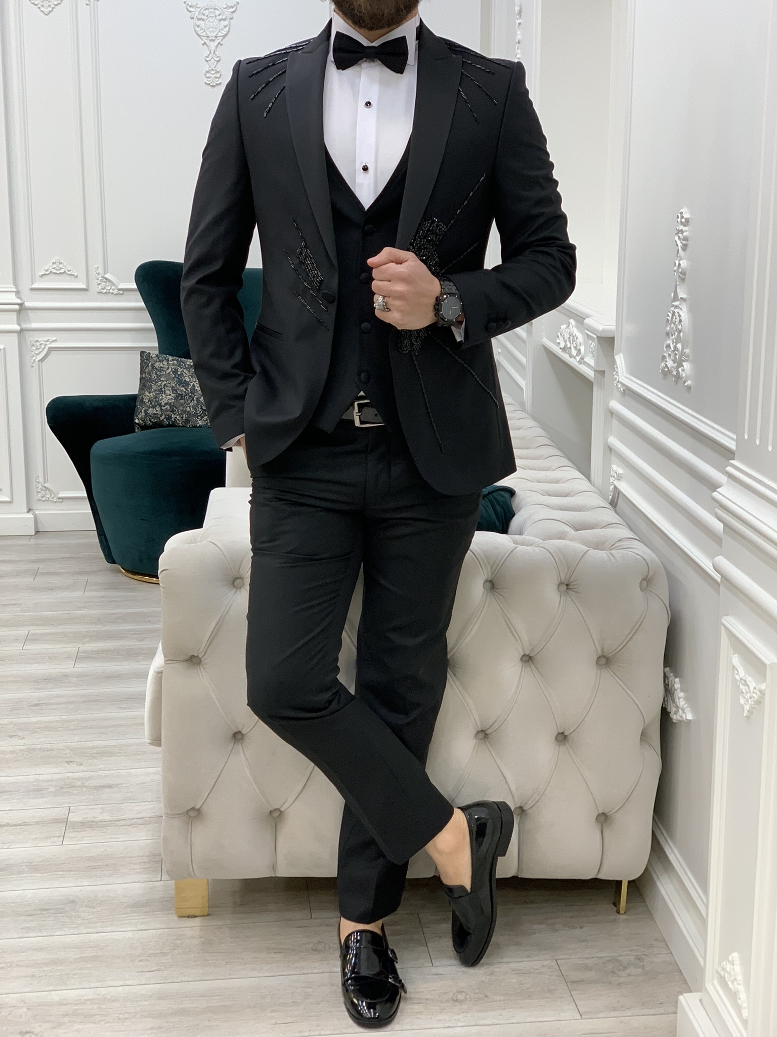 İtalyan Stil Smokin Ceket Yelek Pantolon Papyon-Siyah