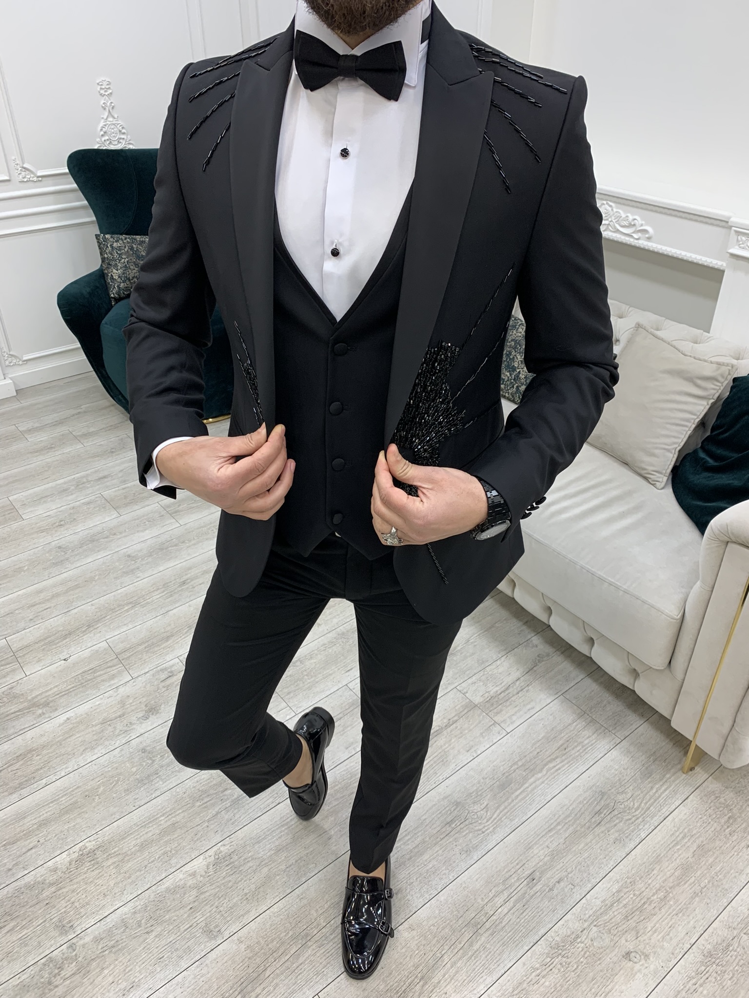 İtalyan Stil Smokin Ceket Yelek Pantolon Papyon-Siyah