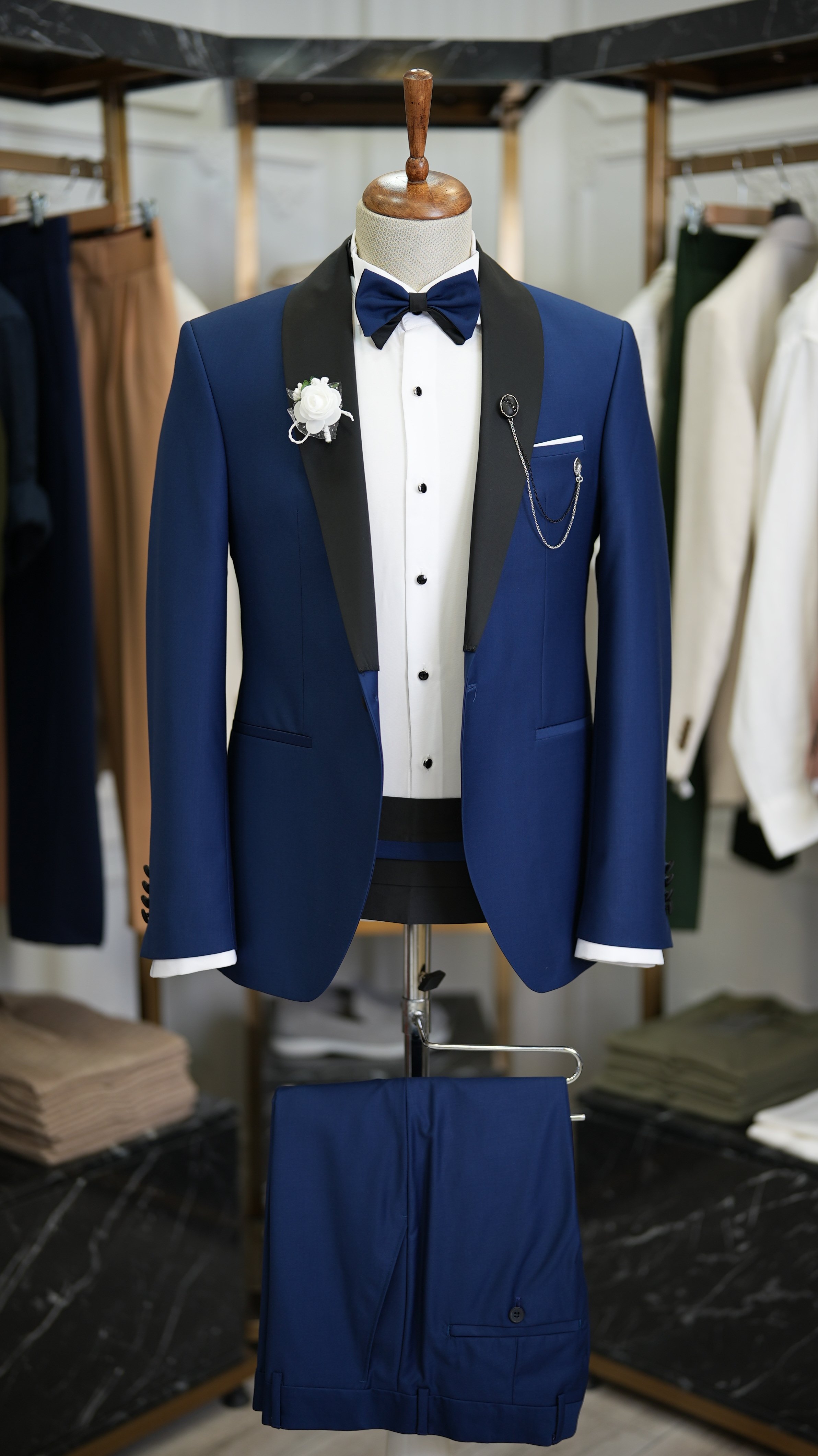 İtalyan Stil Smokin Damatlık  Ceket Kuşak Pantolon Papyon-Saks