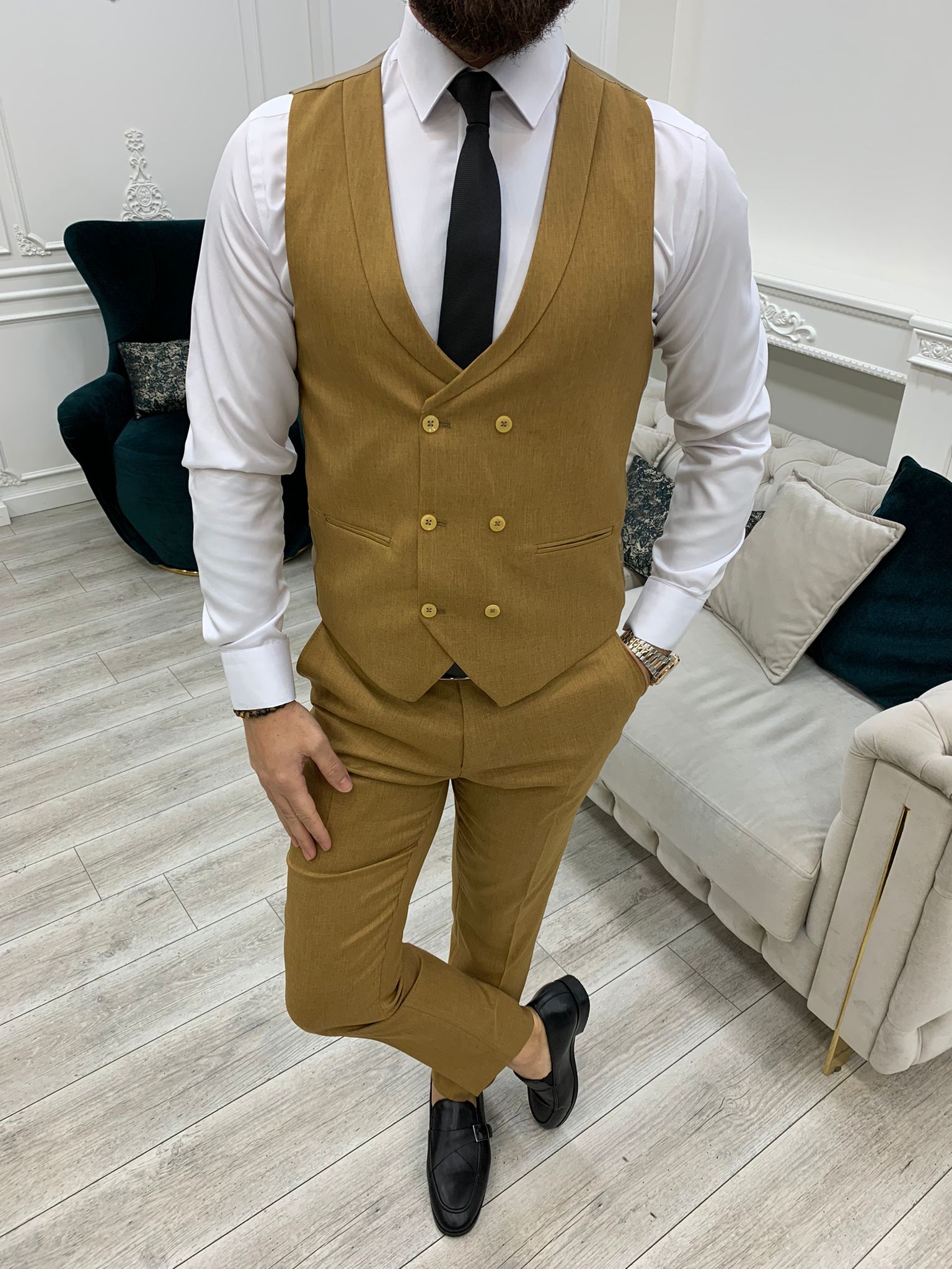 İtalyan Stil Takım Elbise Ceket Yelek Pantolon - Hardal