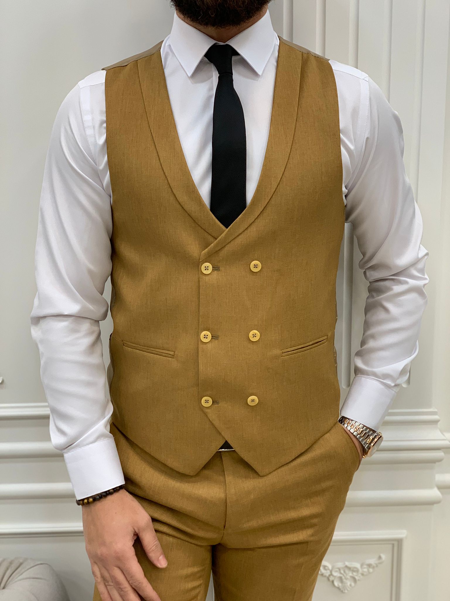 İtalyan Stil Takım Elbise Ceket Yelek Pantolon - Hardal