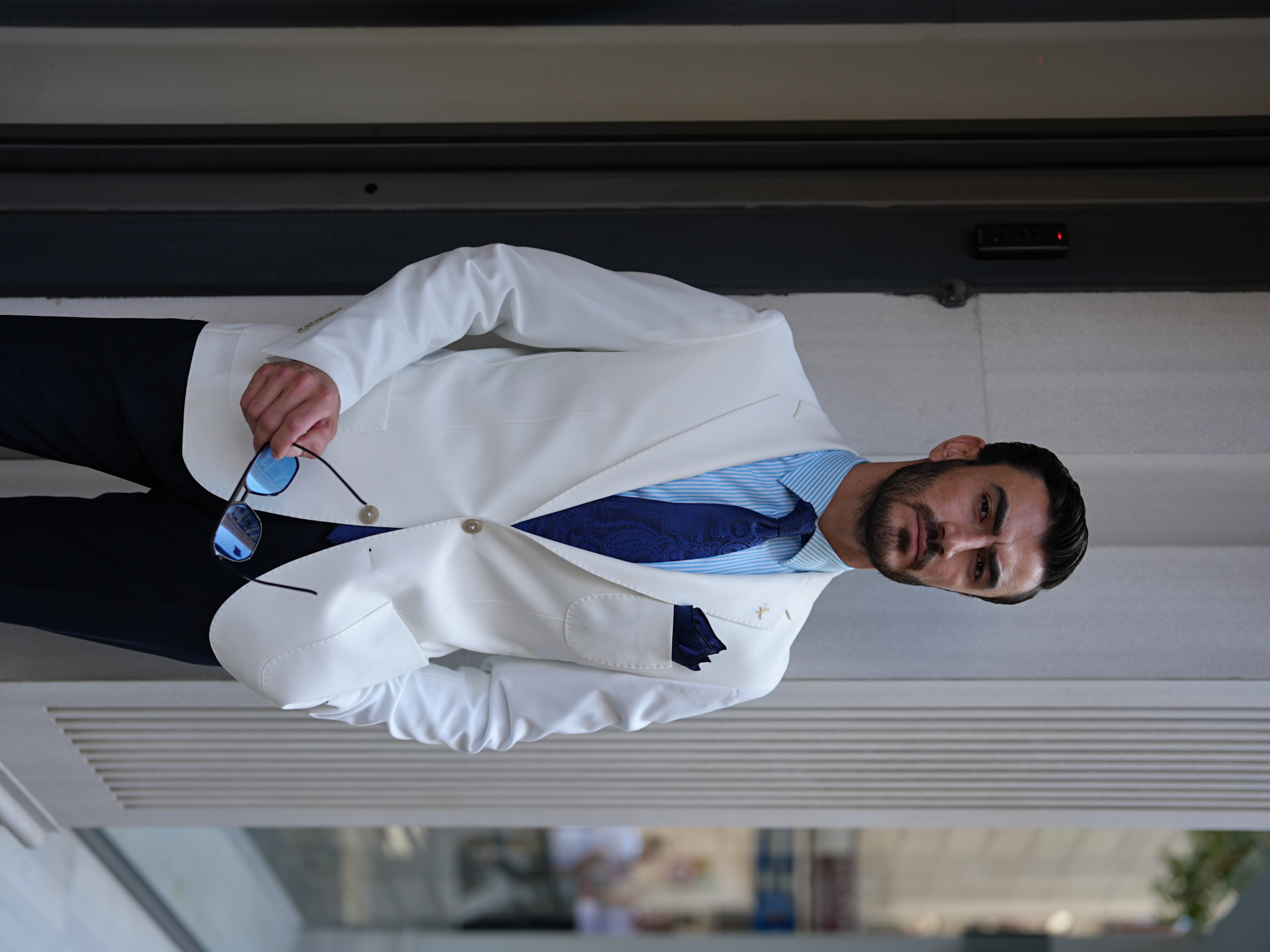 Premium Erkek Slim Fit İtalyan Stil Mono Yaka Torba Cepli Punto Dikişli Astarsız Ceket-Beyaz