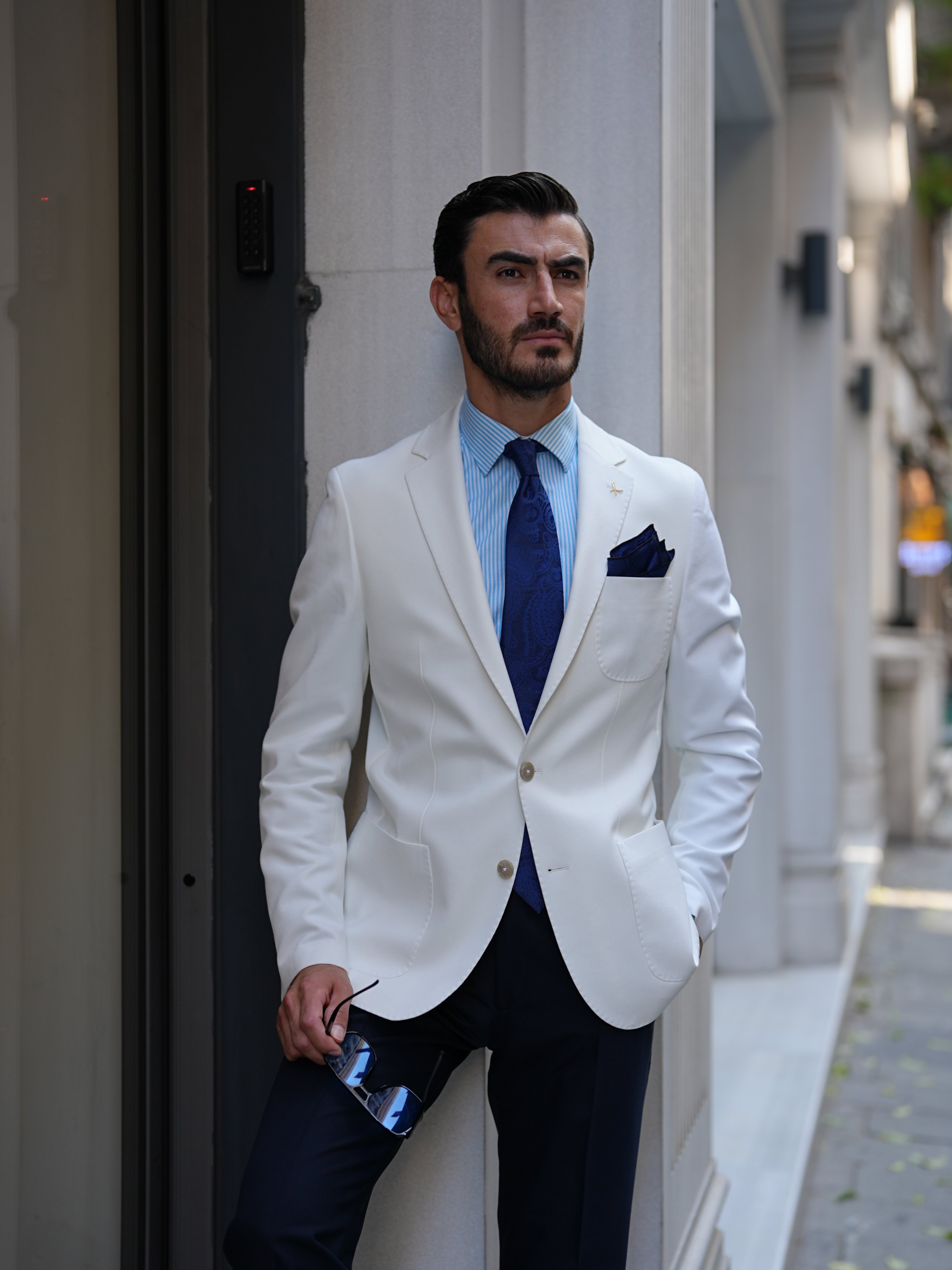 Premium Erkek Slim Fit İtalyan Stil Mono Yaka Torba Cepli Punto Dikişli Astarsız Ceket-Beyaz