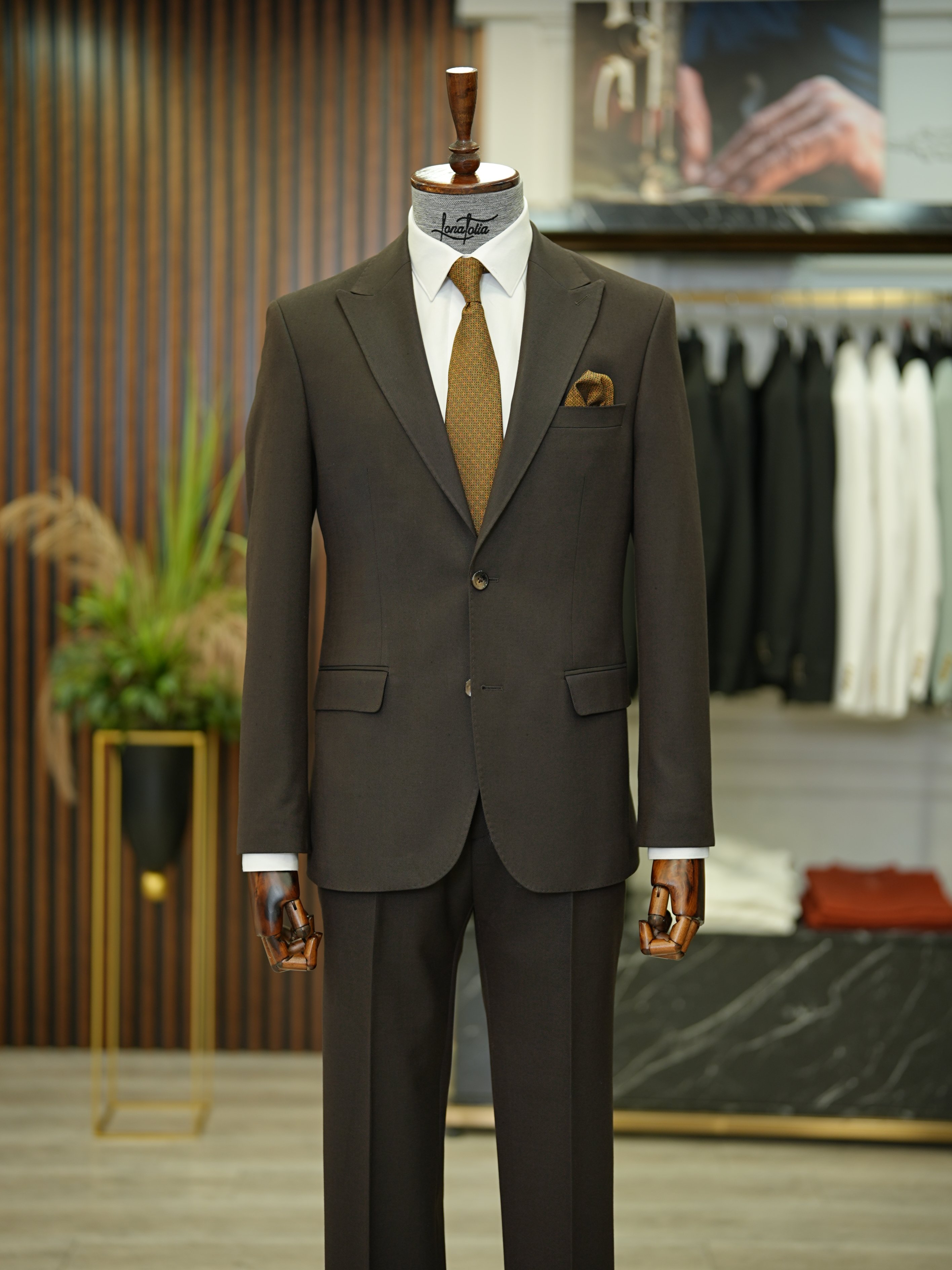 Pantaloni da giacca da abito premium slim fit in stile italiano con cucitura a punto e mezza fodera - Marrone amaro