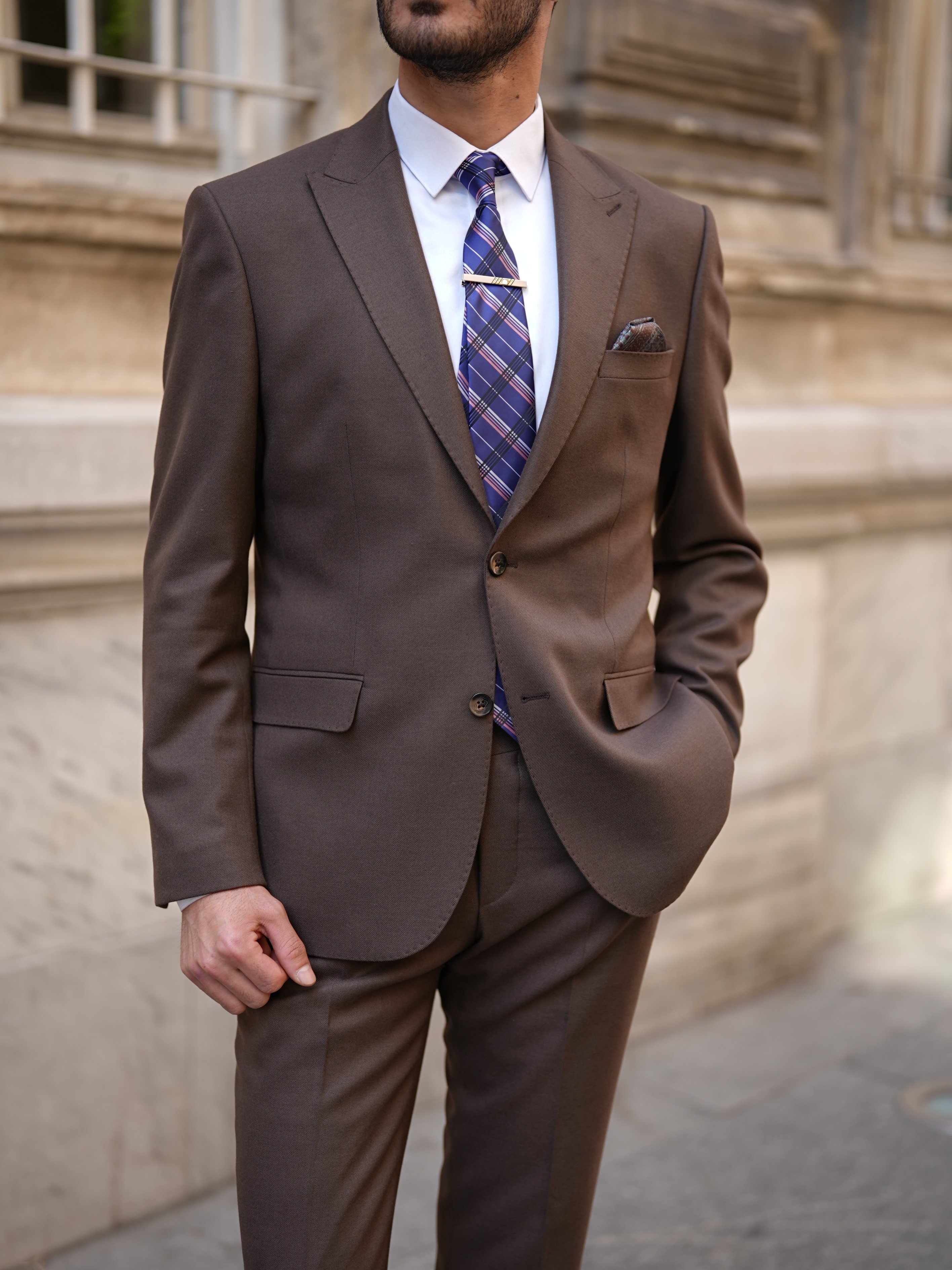 Pantaloni da giacca da abito semifoderati con cucitura a punto stile italiano slim fit premium da uomo - Marrone