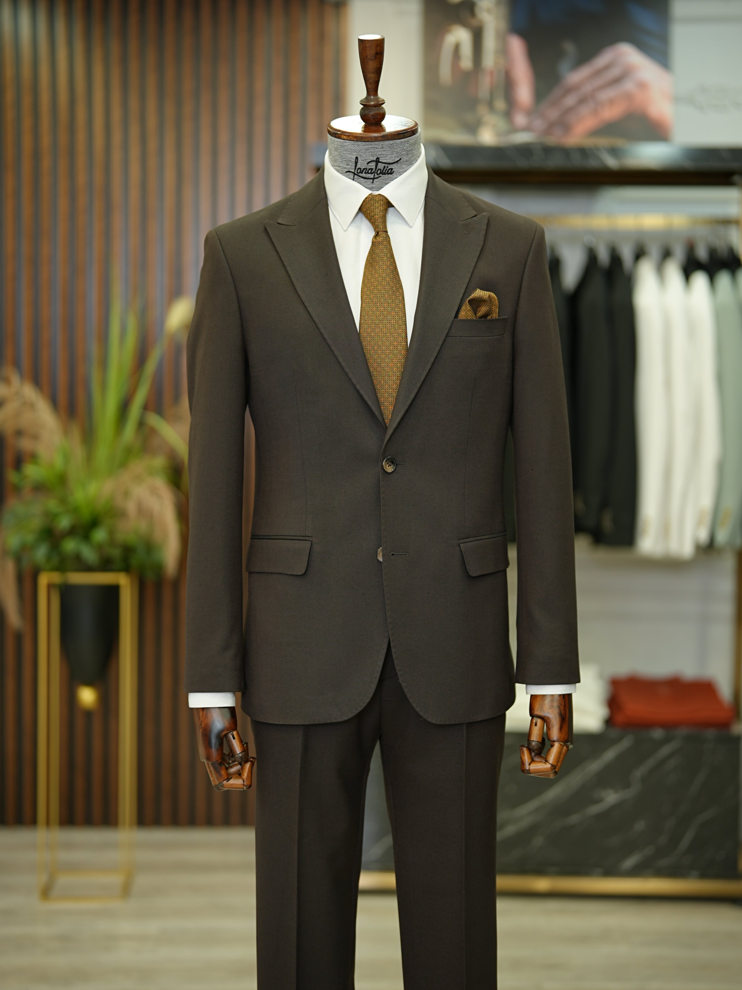 Pantaloni da giacca da abito premium slim fit in stile italiano con cucitura a punto e mezza fodera - Marrone amaro