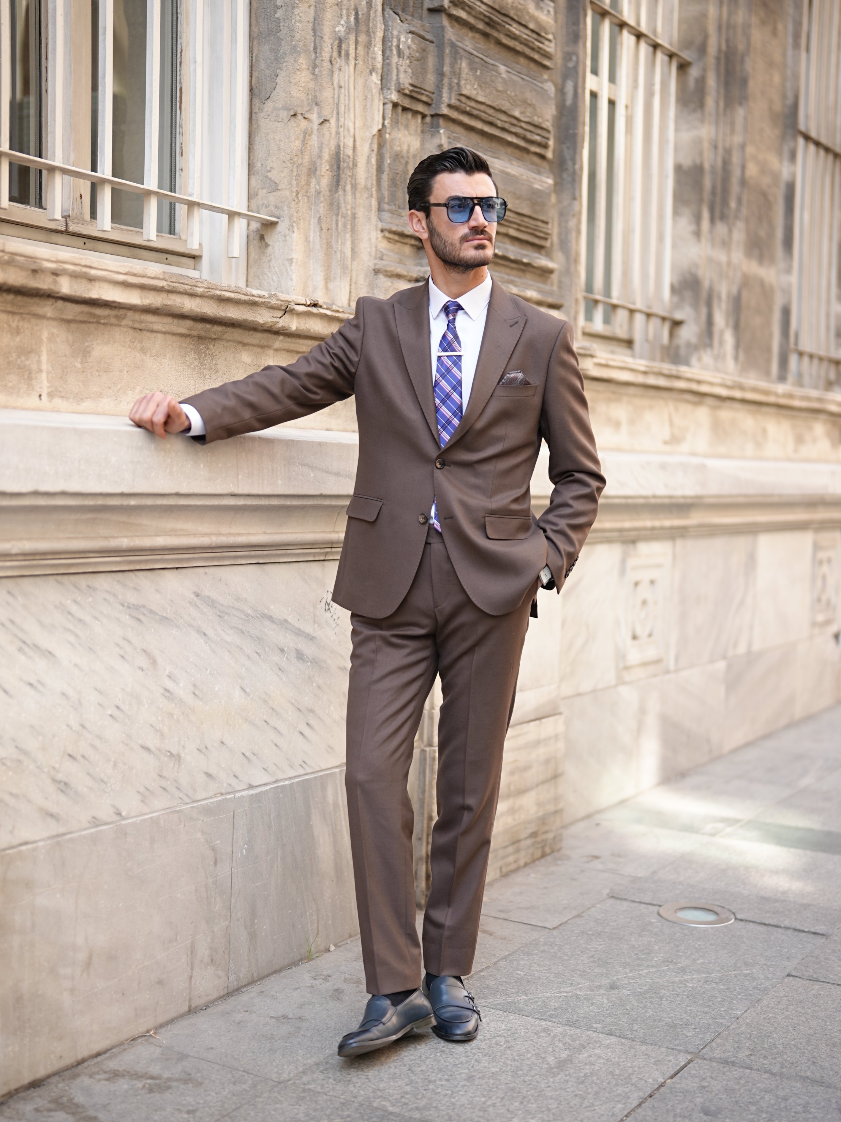 Pantaloni da giacca da abito semifoderati con cucitura a punto stile italiano slim fit premium da uomo - Marrone
