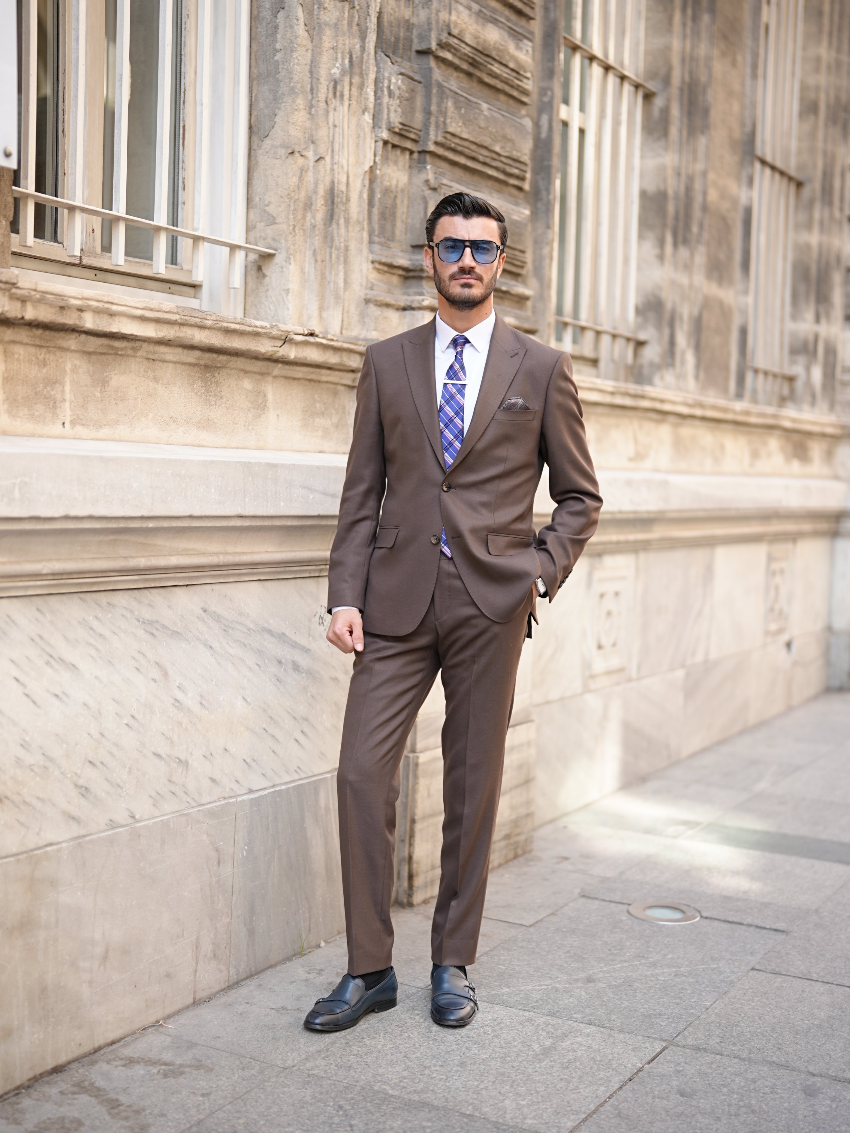 Pantaloni da giacca da abito semifoderati con cucitura a punto stile italiano slim fit premium da uomo - Marrone