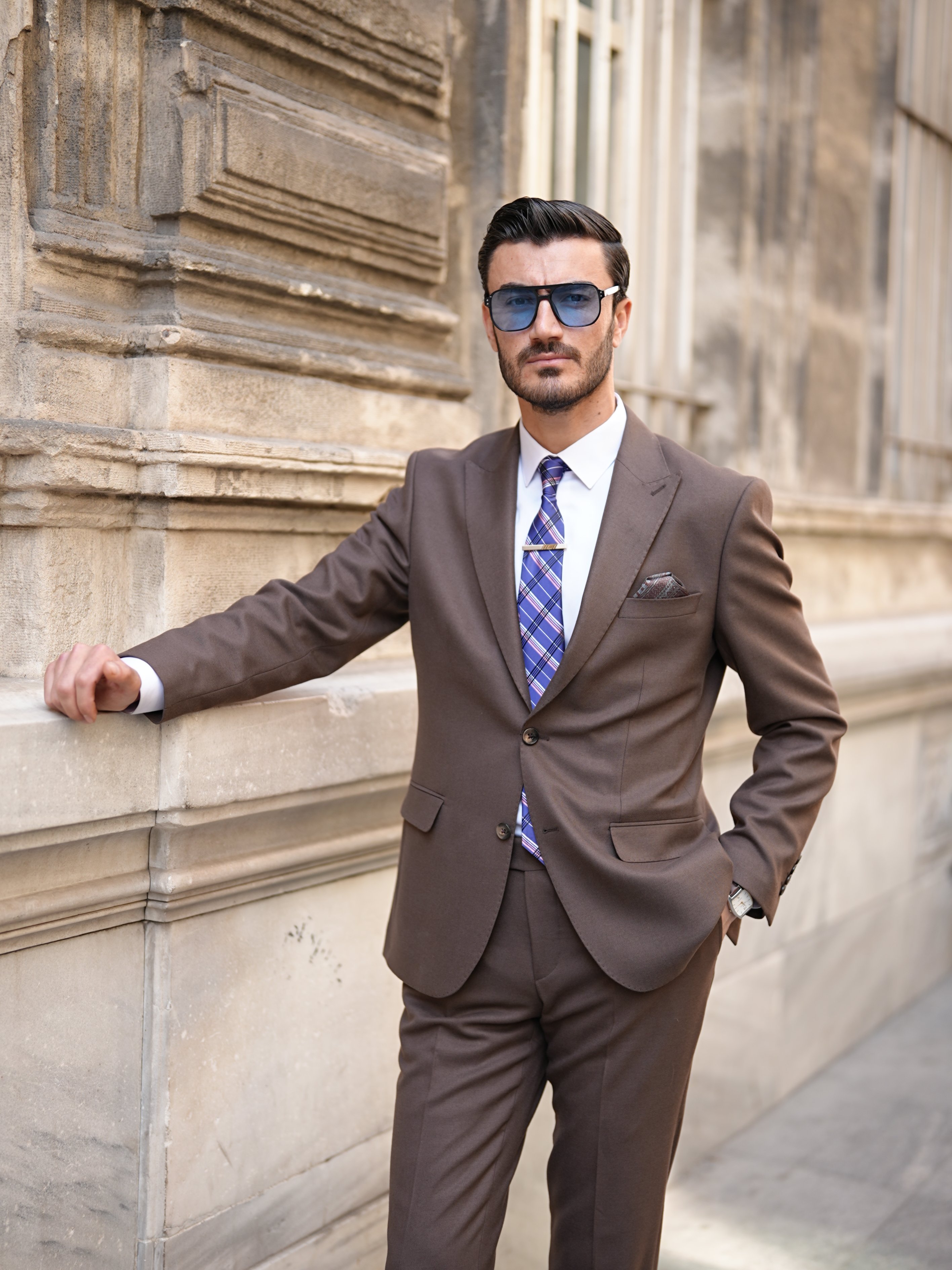 Pantaloni da giacca da abito semifoderati con cucitura a punto stile italiano slim fit premium da uomo - Marrone