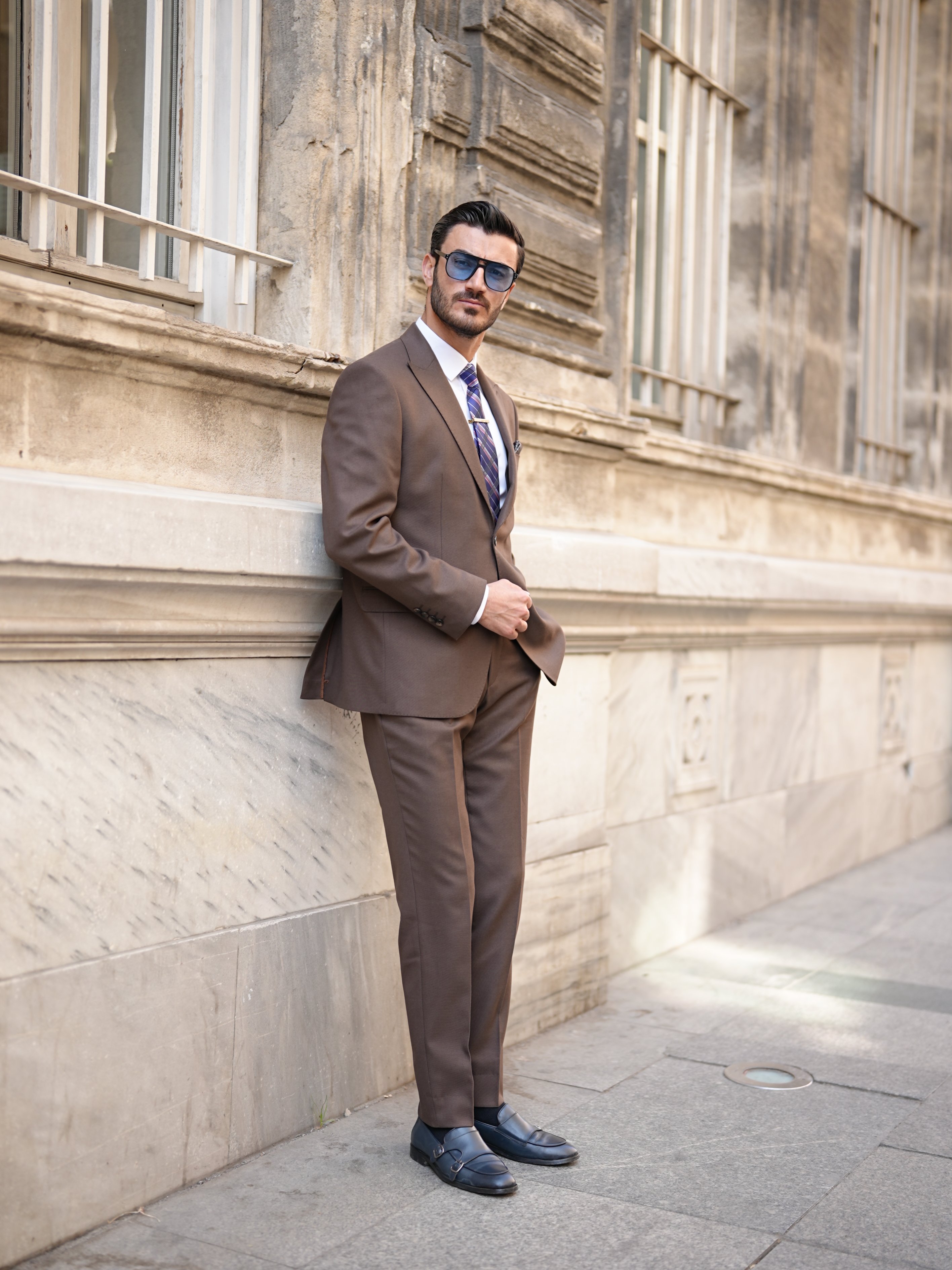 Pantaloni da giacca da abito semifoderati con cucitura a punto stile italiano slim fit premium da uomo - Marrone