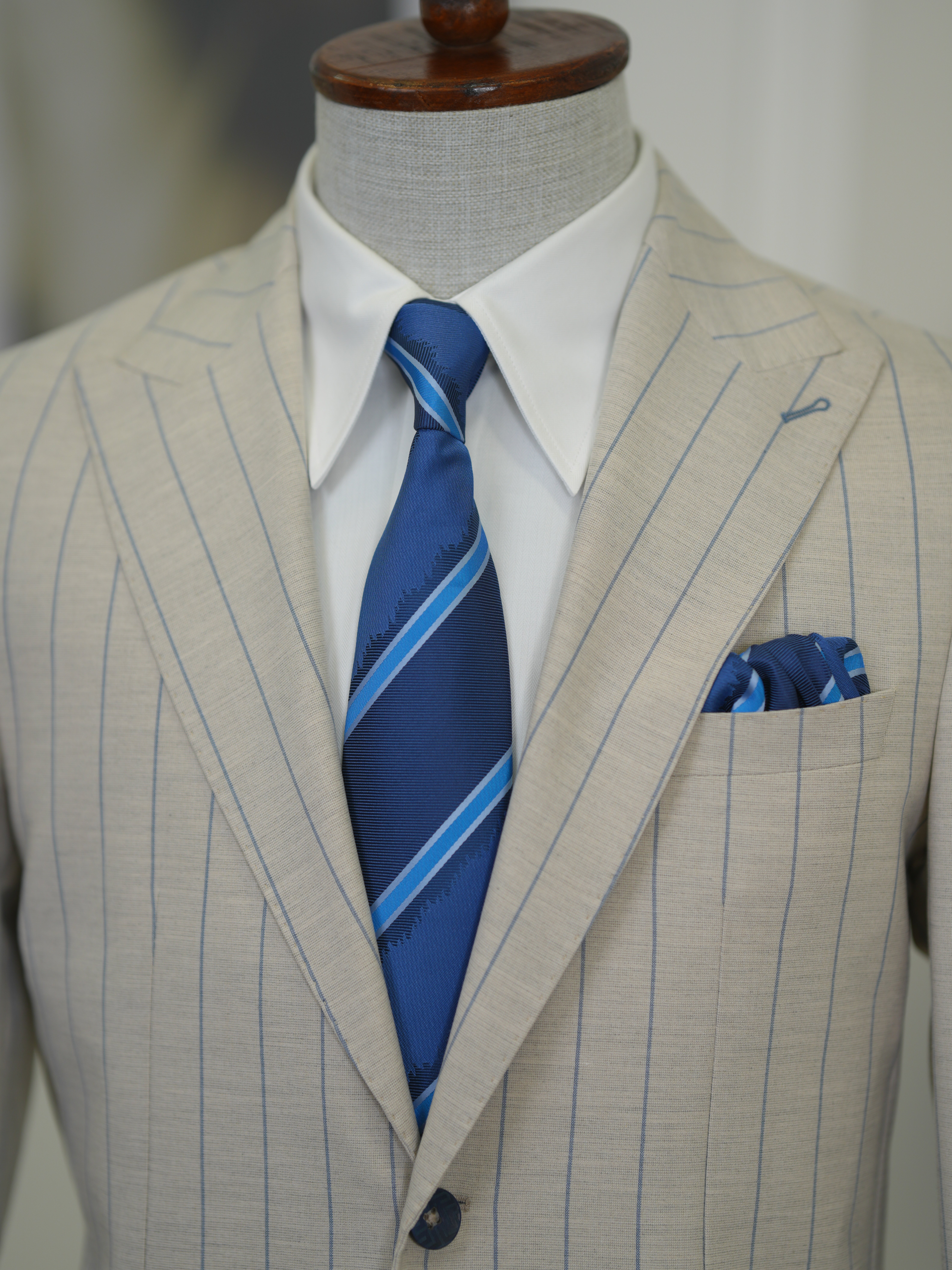 Premium Erkek Slim Fit İtalyan Stil Torba Cepli Punto Dikişli Astarsız Çizgili  Ceket-Krem