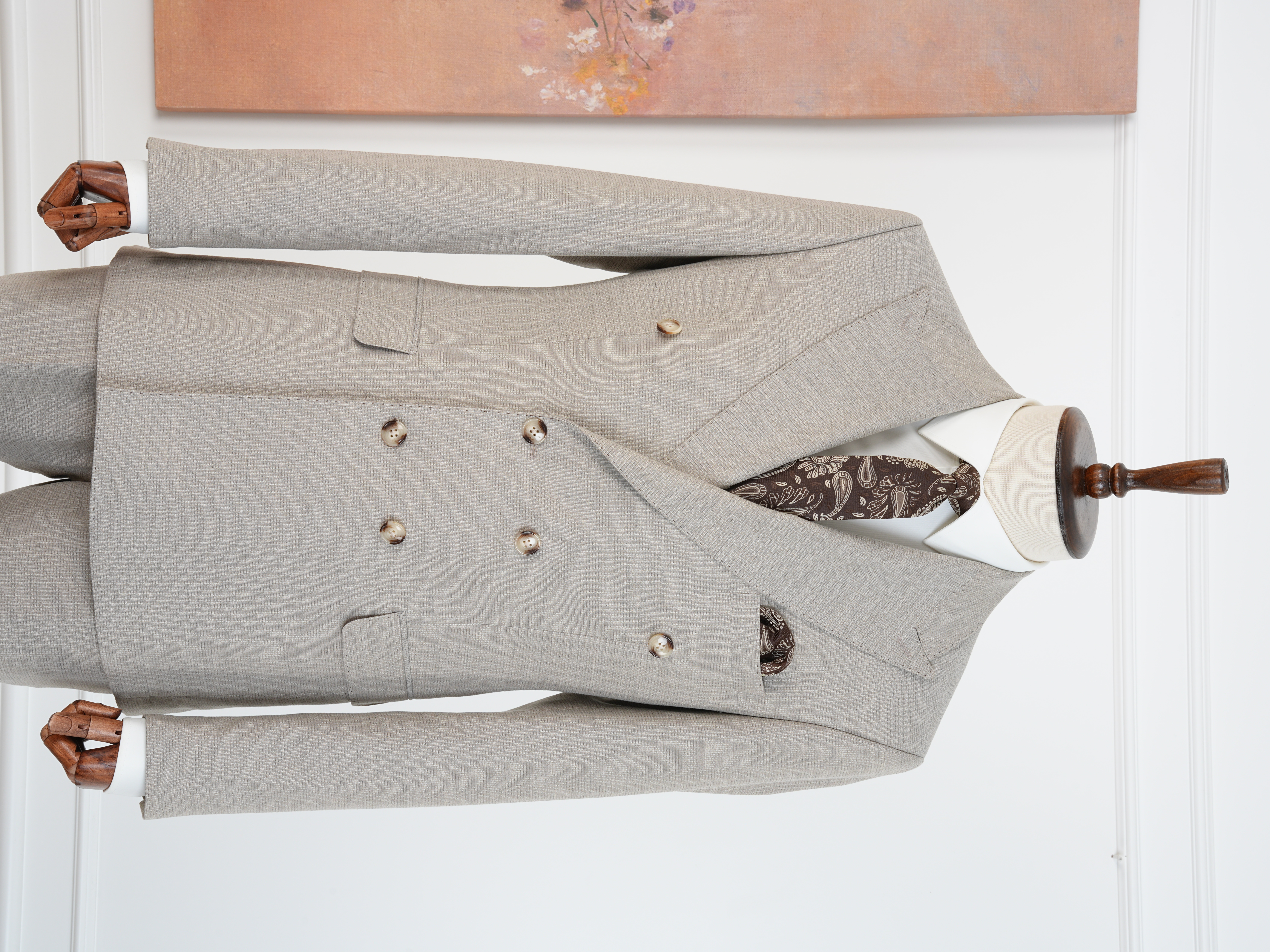Premium Erkek Slim Fit İtalyan Stil Yarım Astarlı Kırcıllı Kruvaze Takım Elbise - Bej