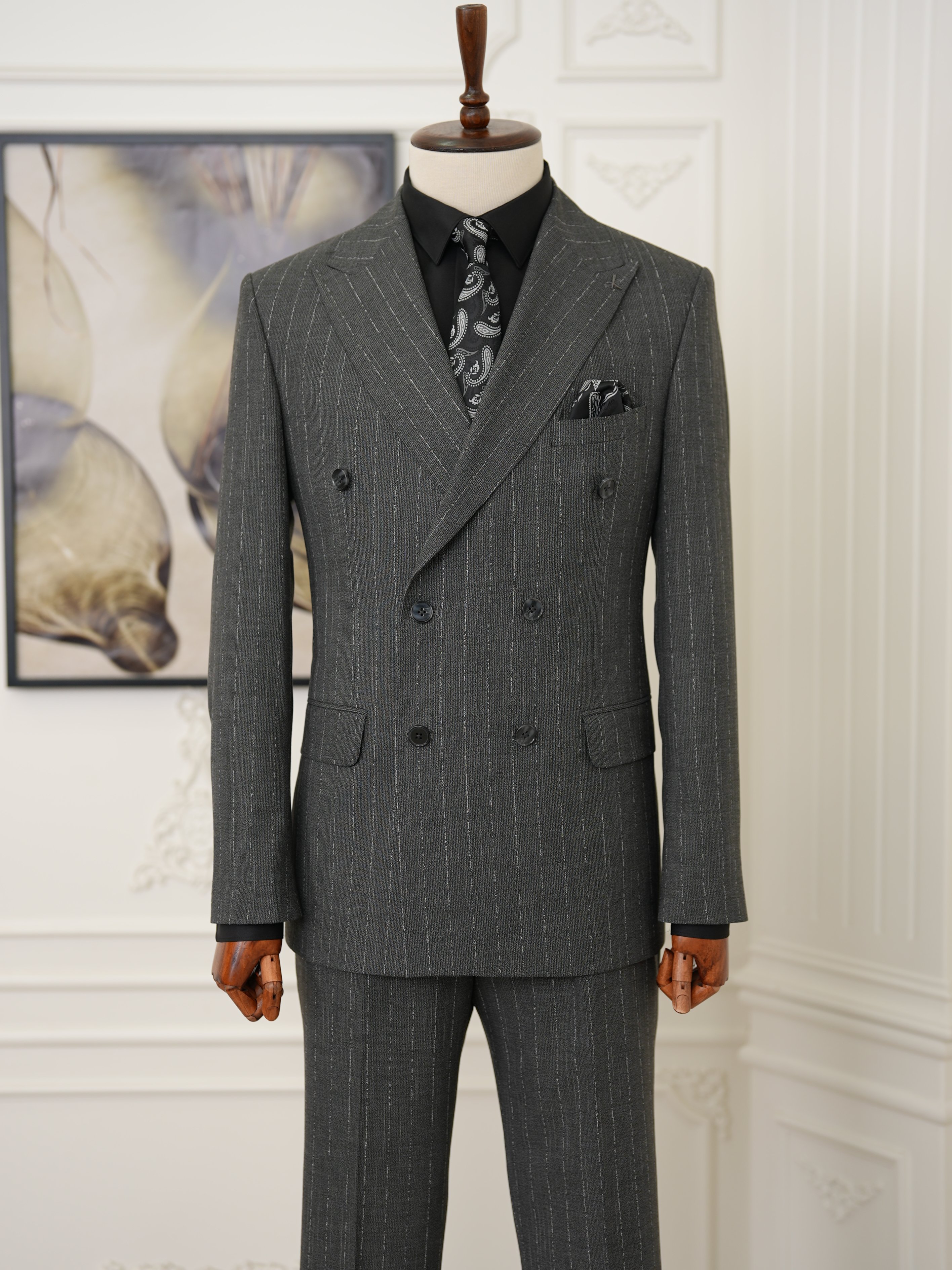 Premium Mens Slim Fit Italian Style Half-Lined Striped Double-Breasted Suit Jacket and Trousers - Grey