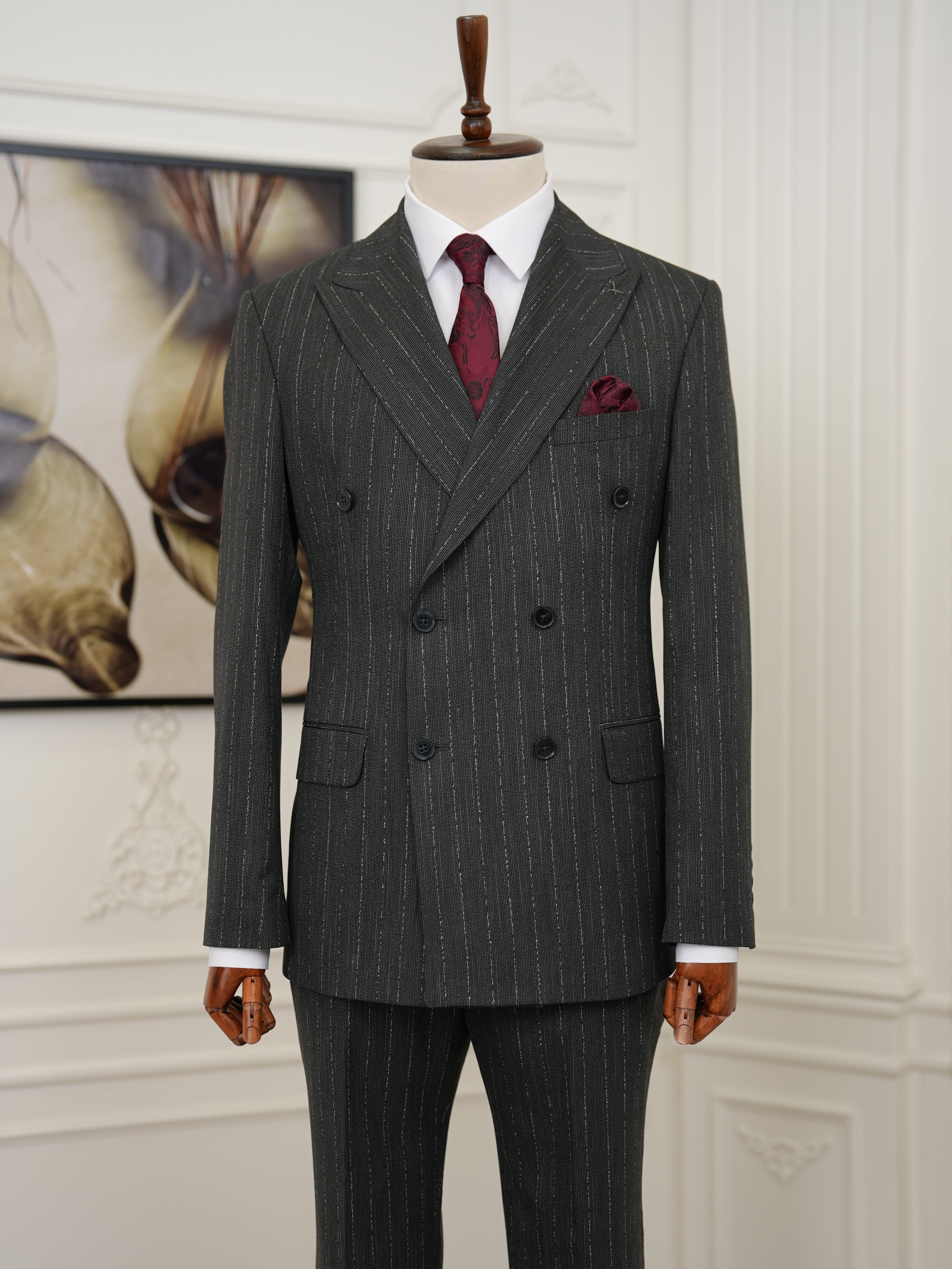 Premium Erkek Slim Fit İtalyan Stil Yarım Astarlı Çizgiliı Kruvaze Takım Elbise Ceket Pantolon - Antrasit