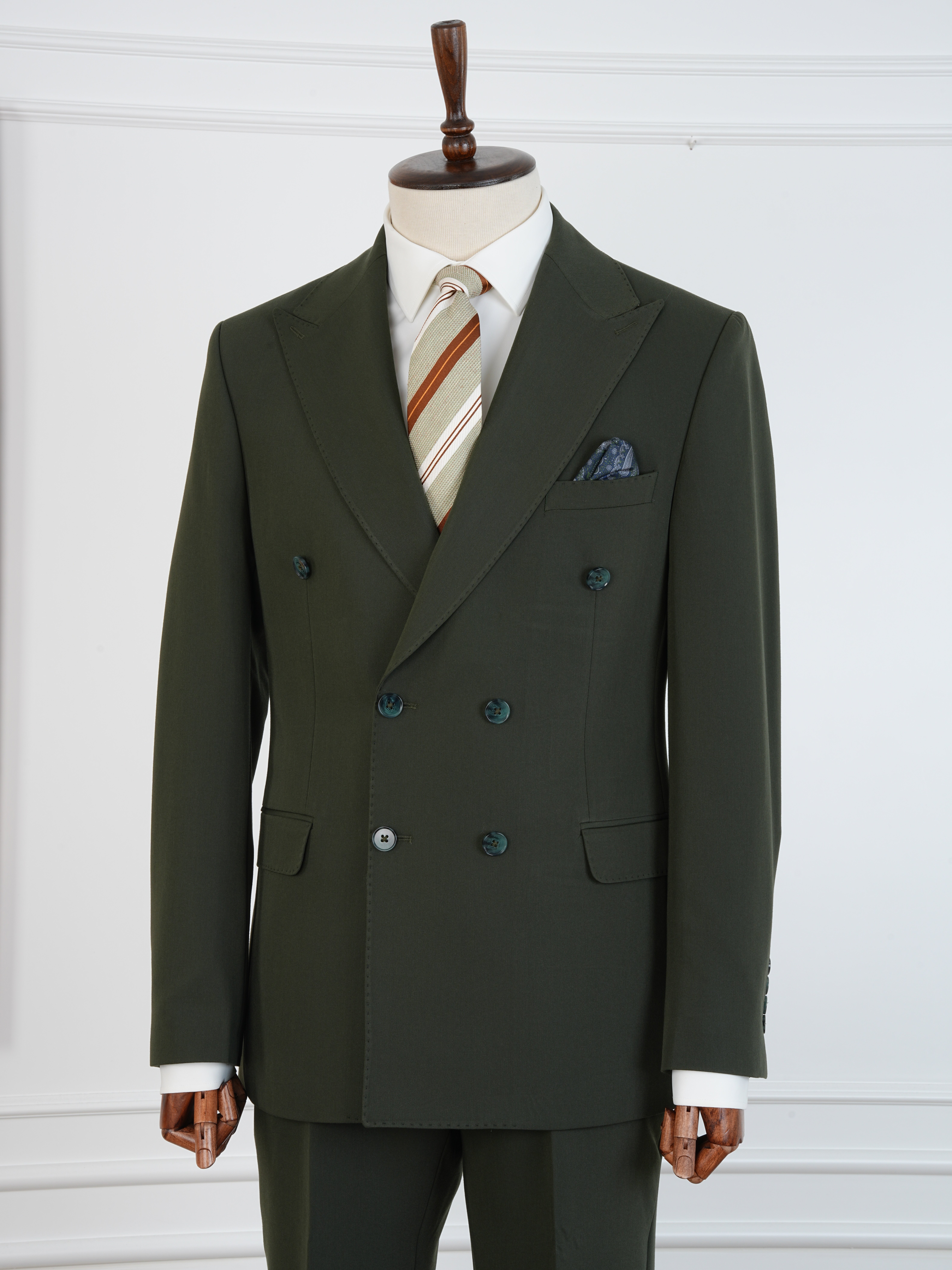 Premium Erkek Slim Fit İtalyan Stil Yarım Astarlı Kruvaze Takım Elbise - Haki