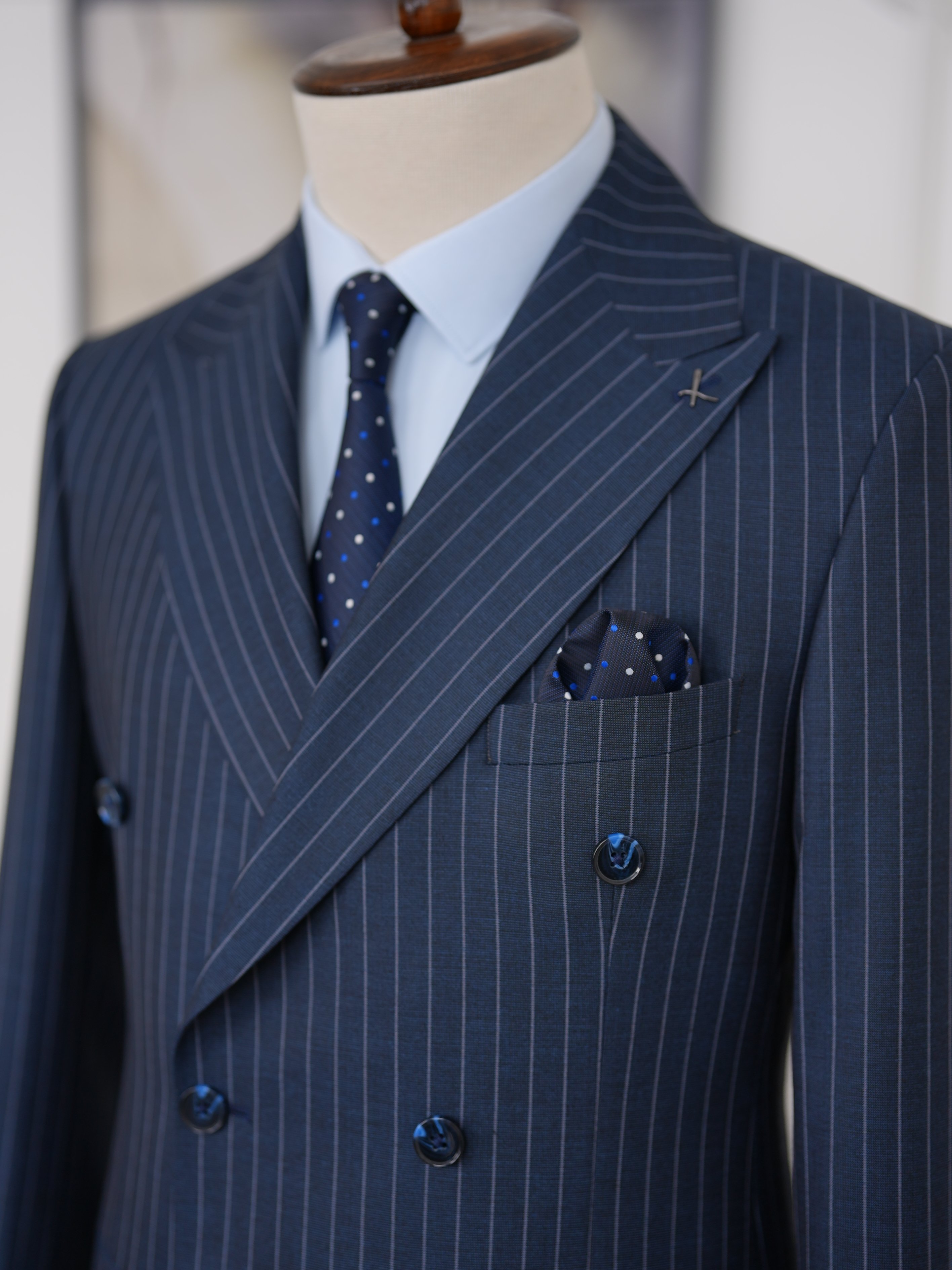 Premium Erkek Slim Fit İtalyan Stil Yarım Astarlı Çizgili Kruvaze Takım Elbise Ceket Pantolon - İndigo