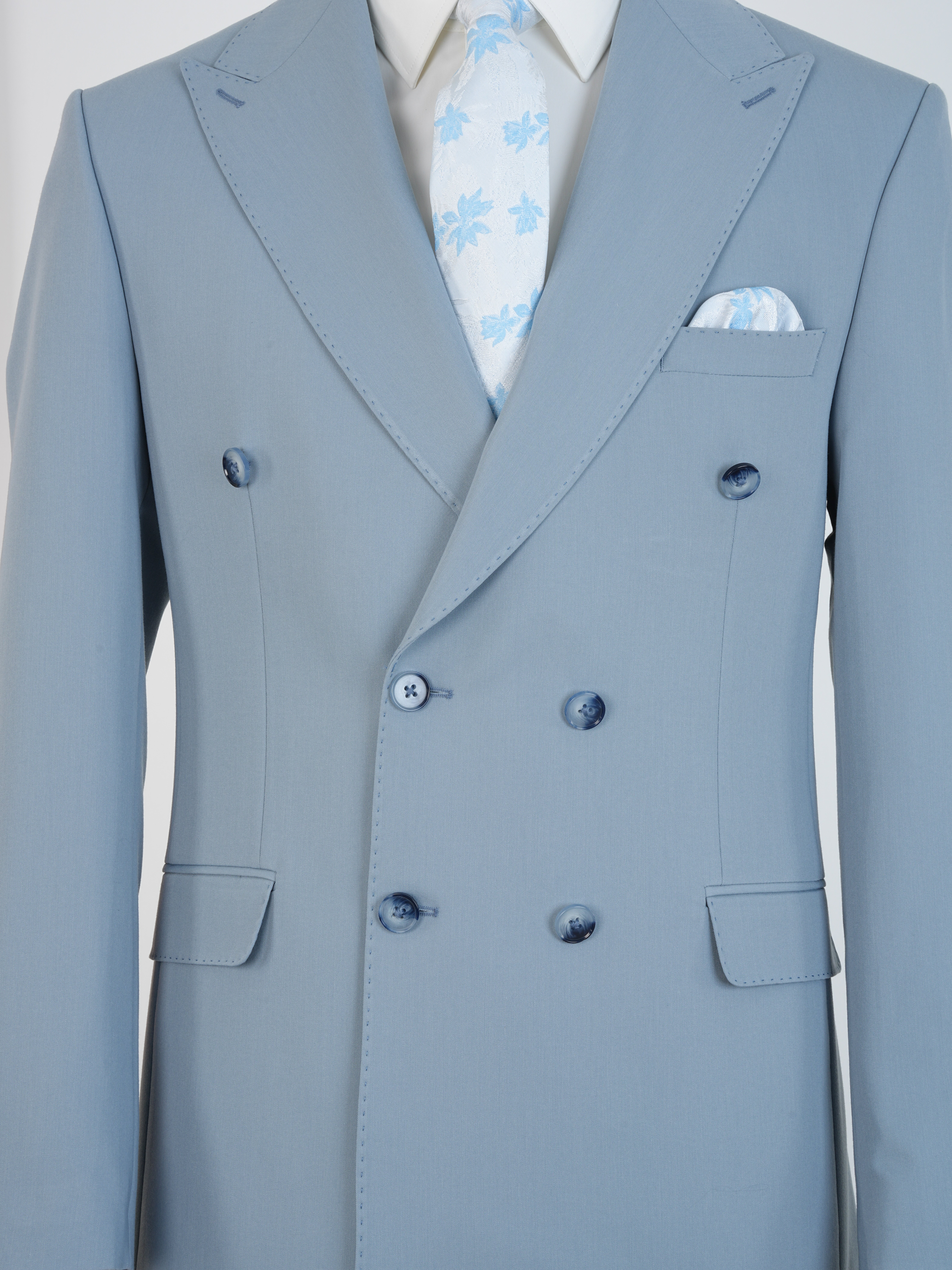 Premium Erkek Slim Fit İtalyan Stil Yarım Astarlı Kruvaze Takım Elbise - Buz Mavisi