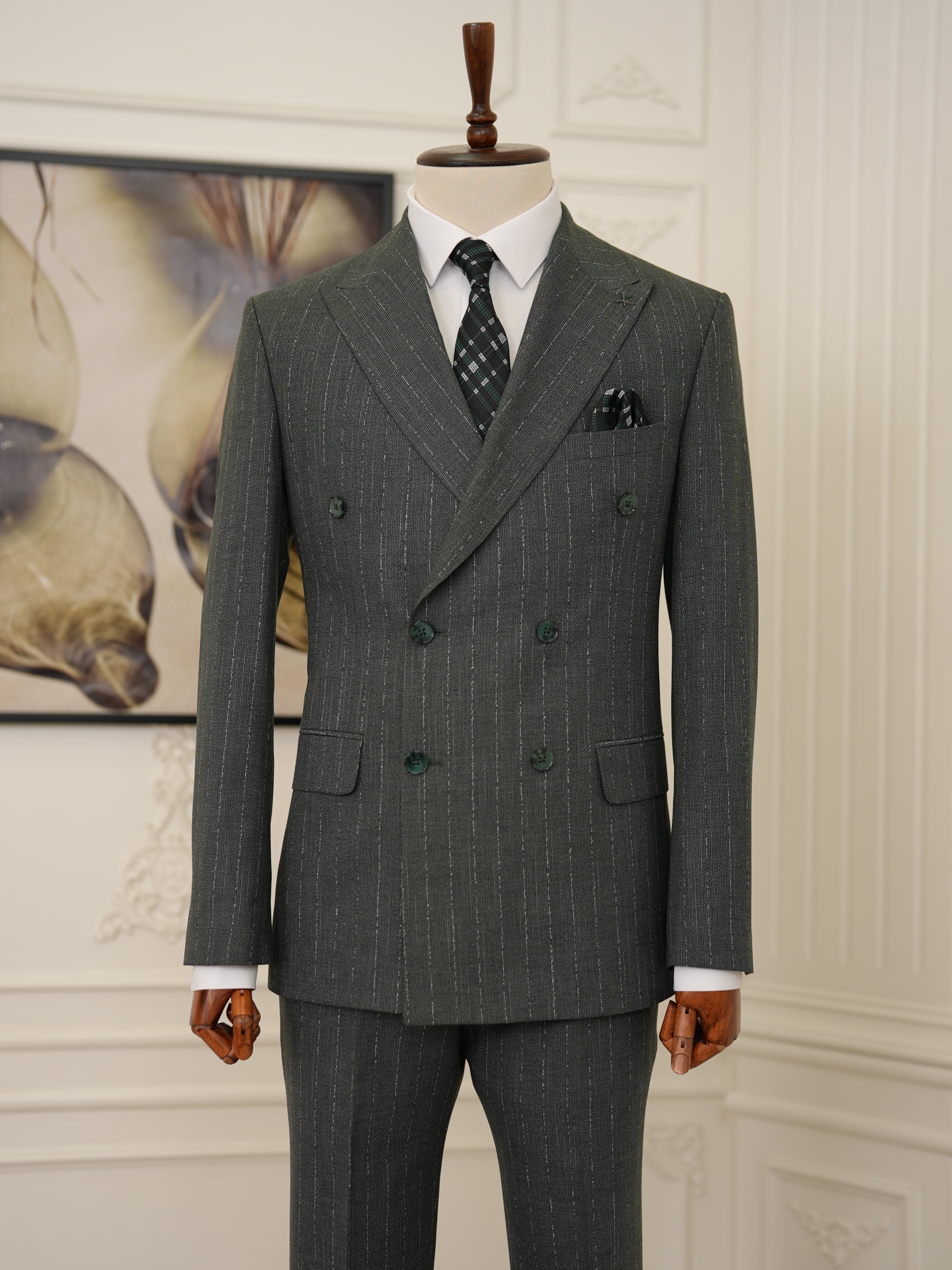 Premium Erkek Slim Fit İtalyan Stil Yarım Astarlı Çizgiliı Kruvaze Takım Elbise Ceket Pantolon - Yeşil