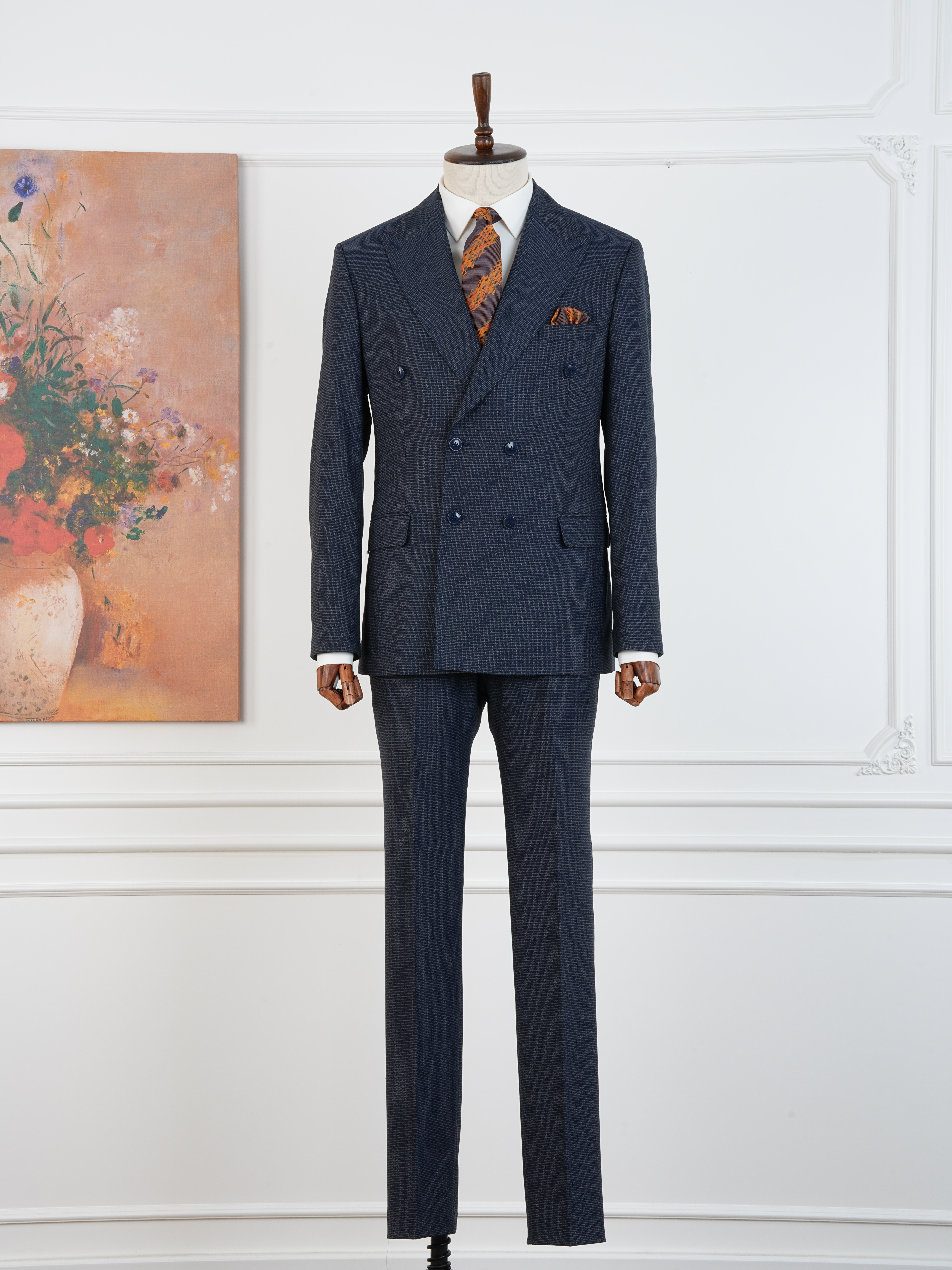 Premium Erkek Slim Fit İtalyan Stil Yarım Astarlı Kırcıllı Kruvaze Takım Elbise - Lacivert