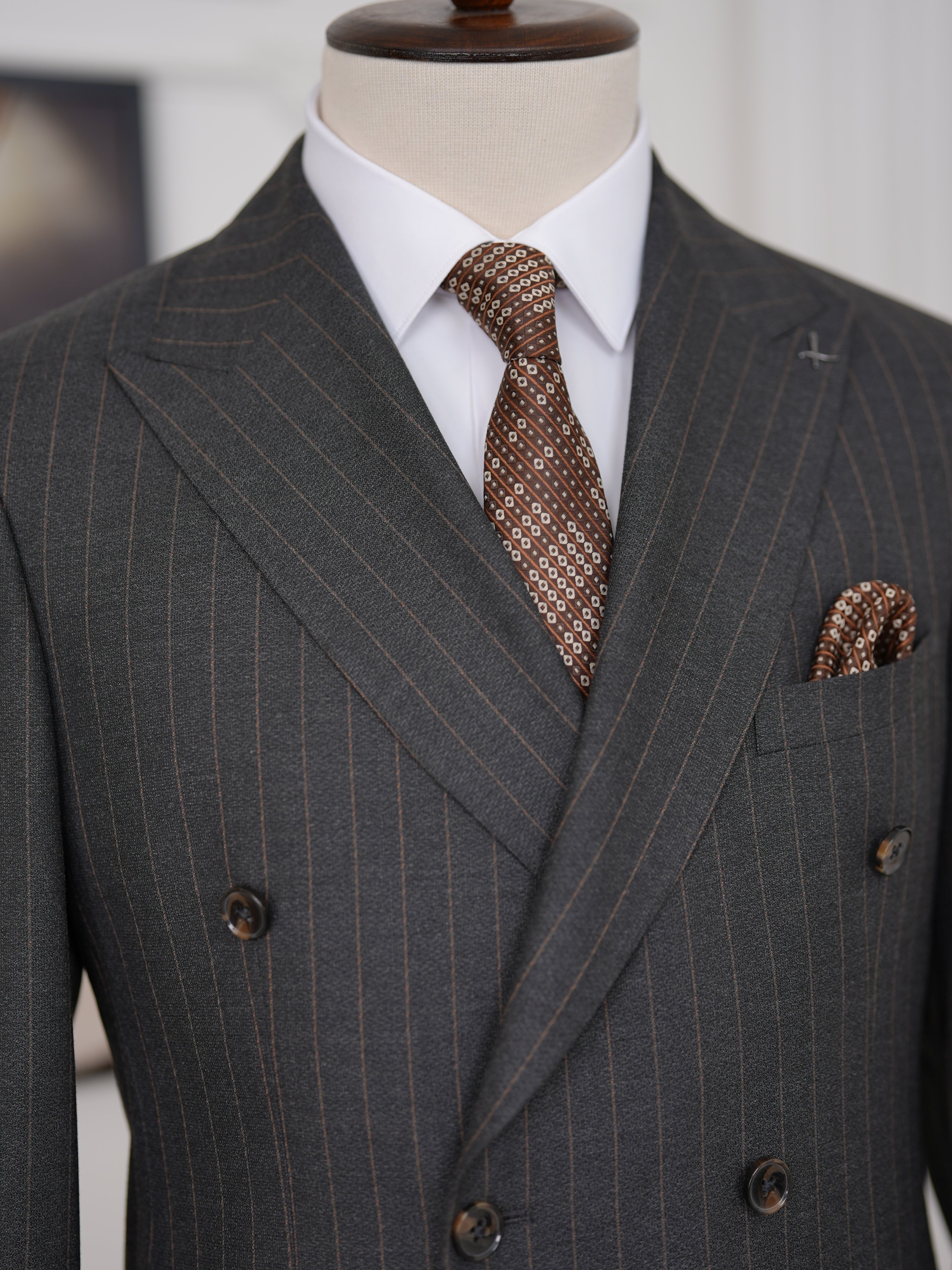 Premium Erkek Slim Fit İtalyan Stil Yarım Astarlı Çizgili Kruvaze Takım Elbise Ceket Pantolon - Acı Kahve