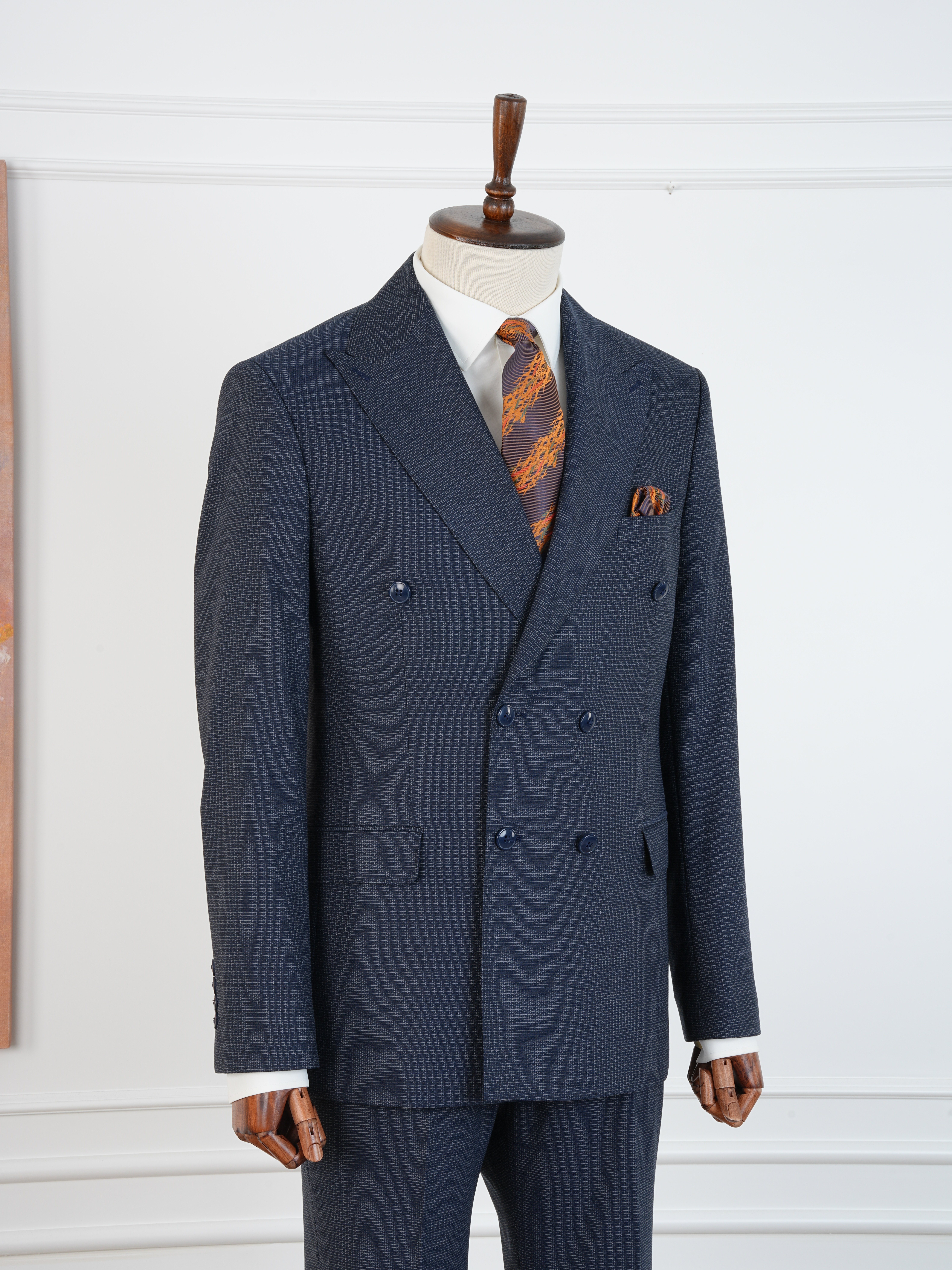 Premium Erkek Slim Fit İtalyan Stil Yarım Astarlı Kırcıllı Kruvaze Takım Elbise - Lacivert