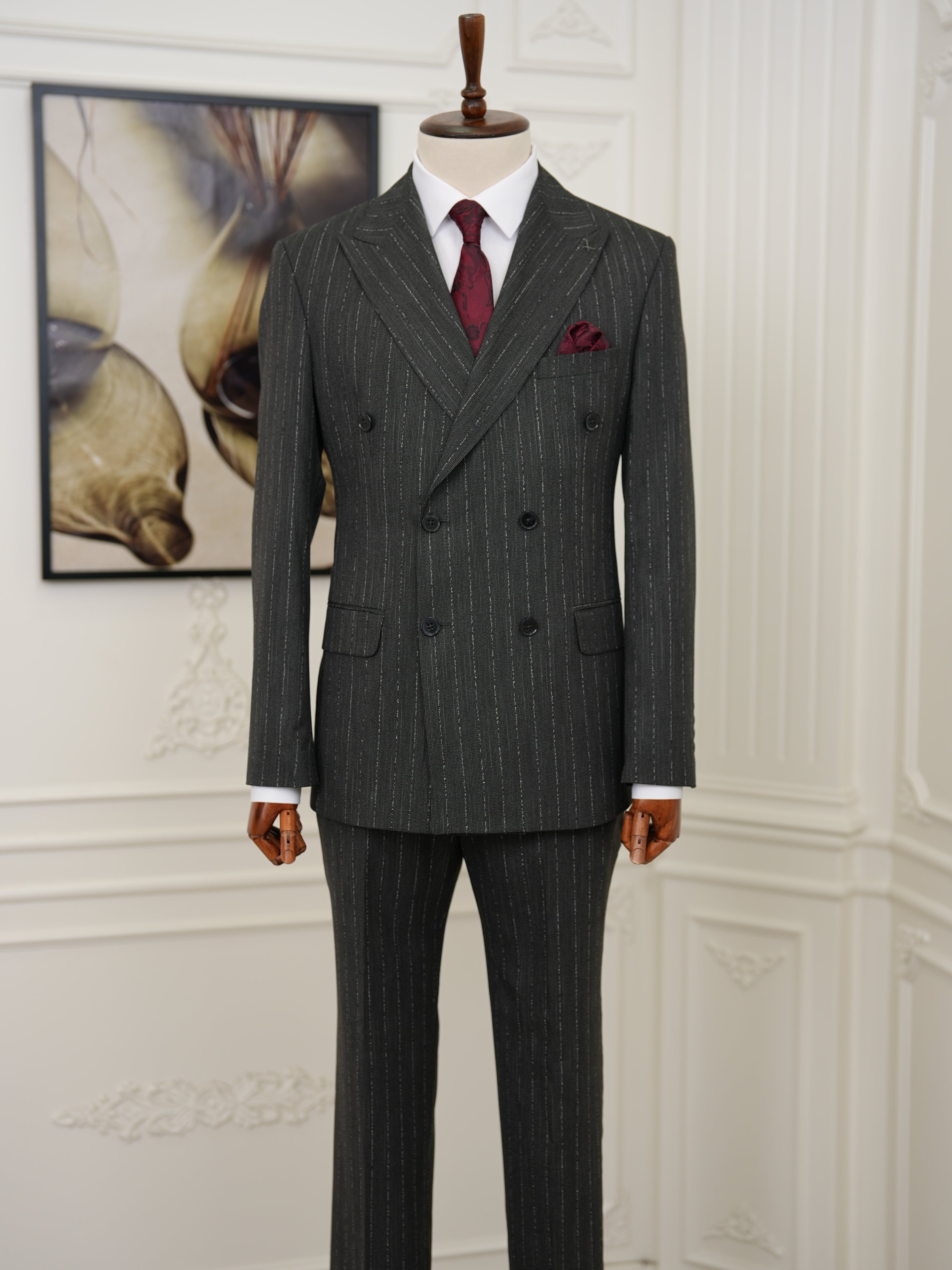 Premium Erkek Slim Fit İtalyan Stil Yarım Astarlı Çizgiliı Kruvaze Takım Elbise Ceket Pantolon - Antrasit