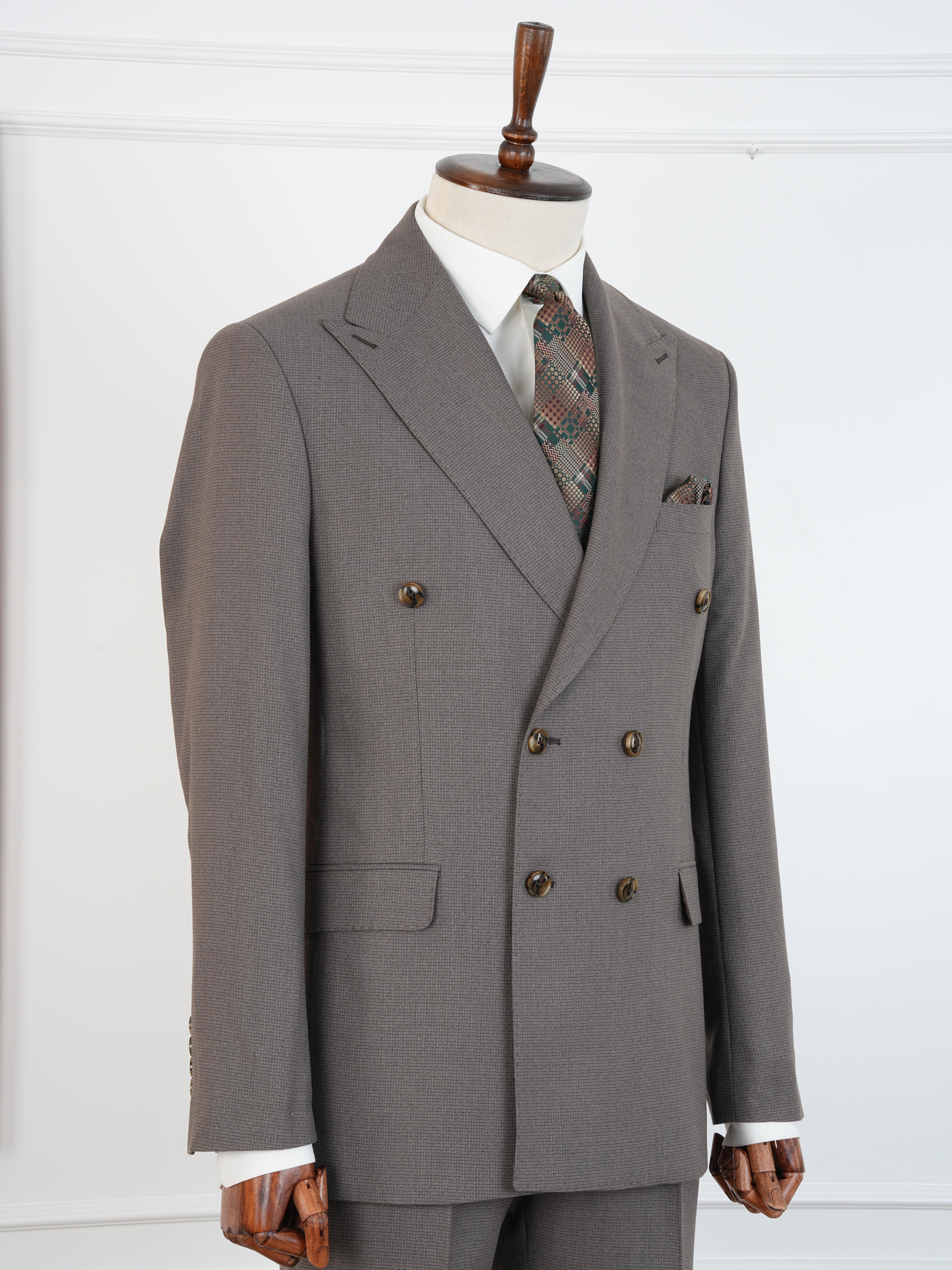 Premium Erkek Slim Fit İtalyan Stil Yarım Astarlı Kırcıllı Kruvaze Takım Elbise - Sütlü Kahve