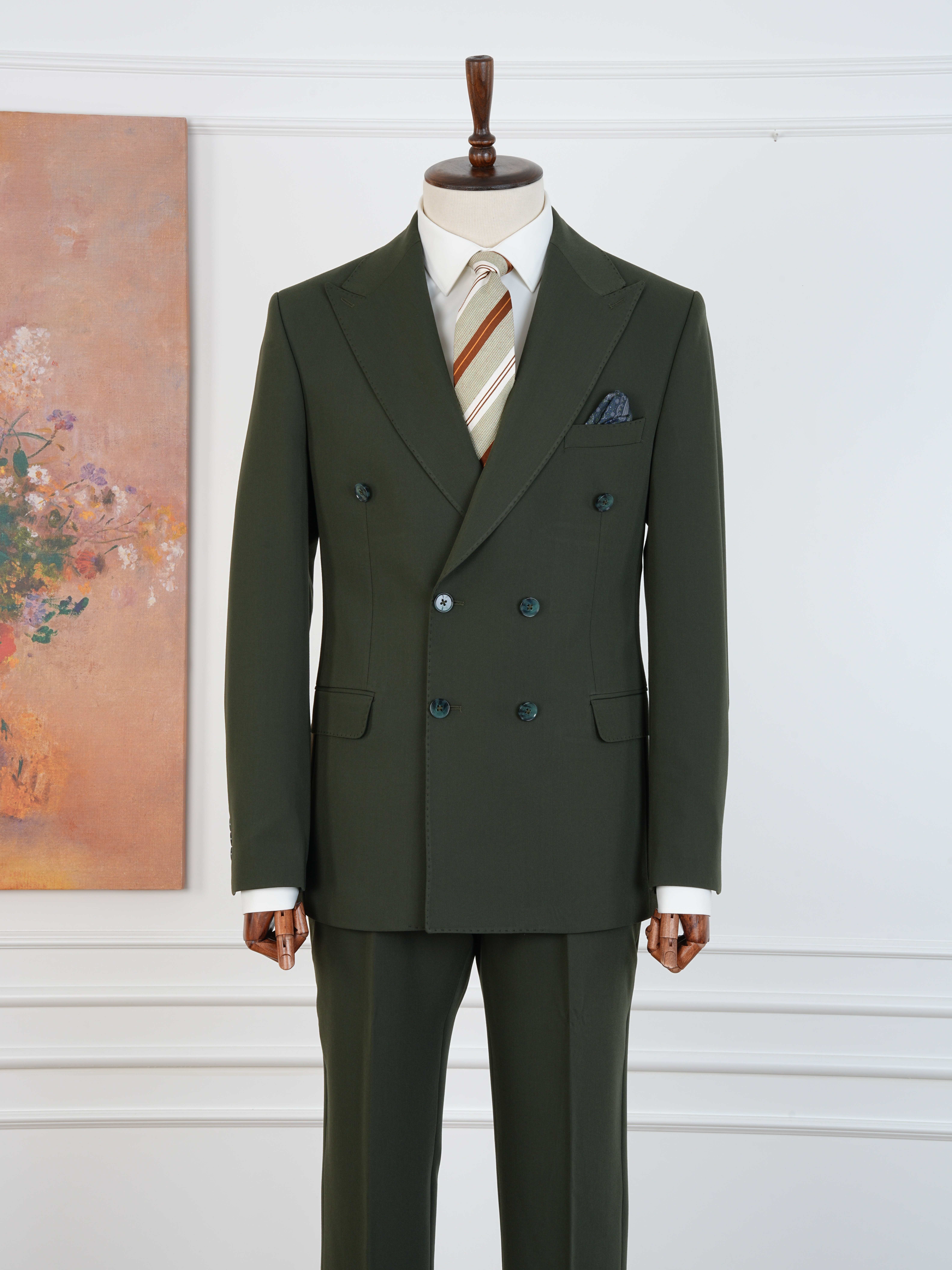 Premium Erkek Slim Fit İtalyan Stil Yarım Astarlı Kruvaze Takım Elbise - Haki