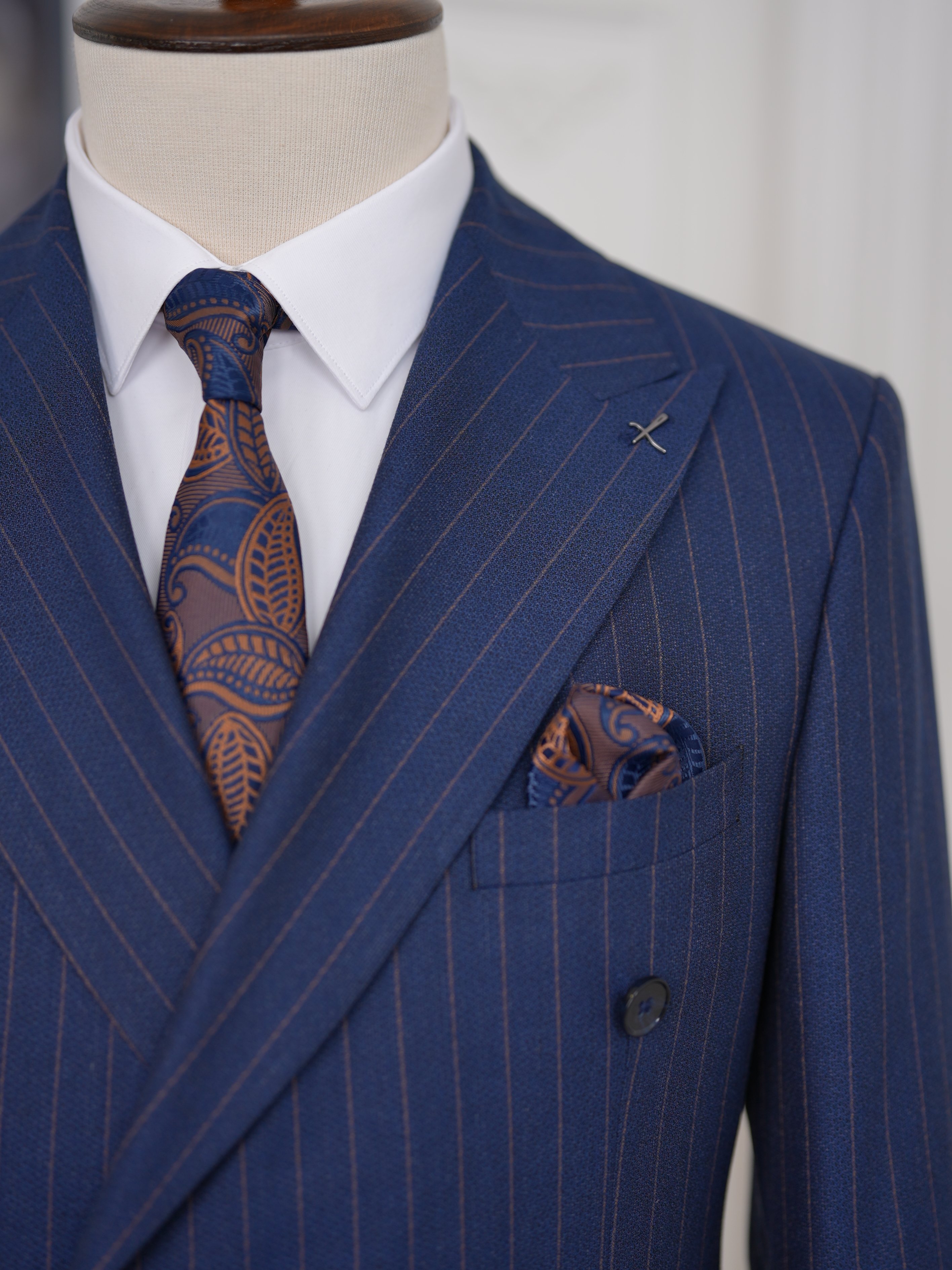 Premium Erkek Slim Fit İtalyan Stil Yarım Astarlı Çizgili Kruvaze Takım Elbise Ceket Pantolon - Lacivert