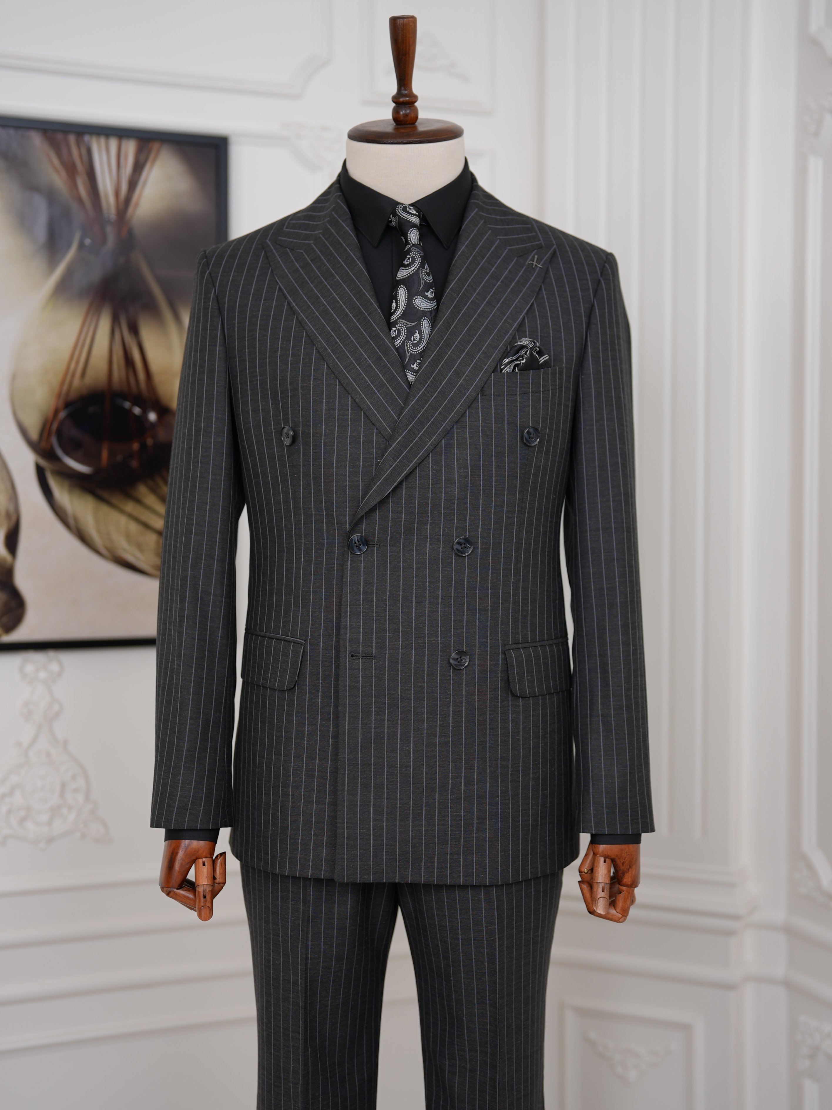 Premium Erkek Slim Fit İtalyan Stil Yarım Astarlı Çizgili Kruvaze Takım Elbise Ceket Pantolon - Antrasit