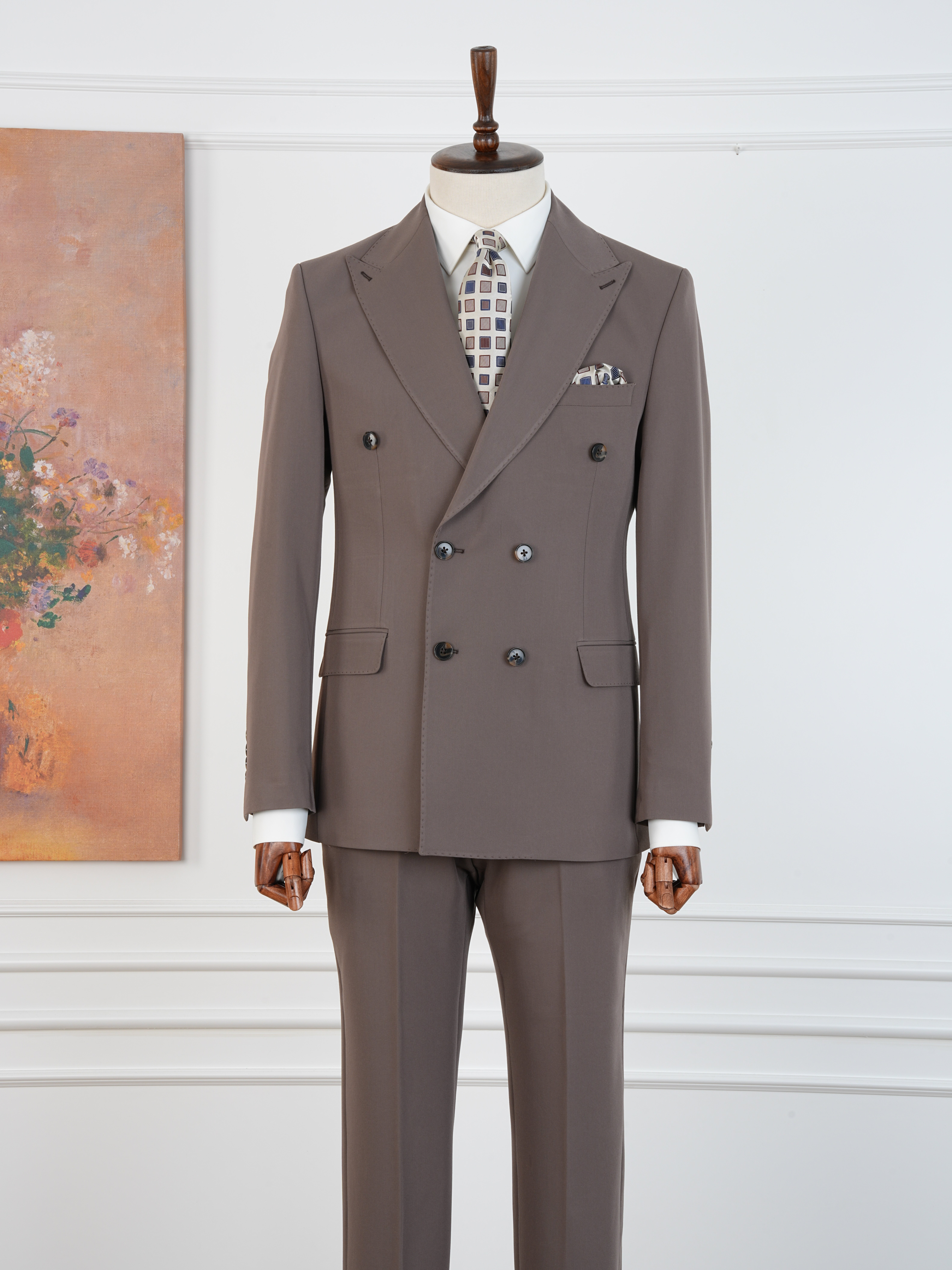 Premium Erkek Slim Fit İtalyan Stil Yarım Astarlı Kruvaze Takım Elbise - Kahve