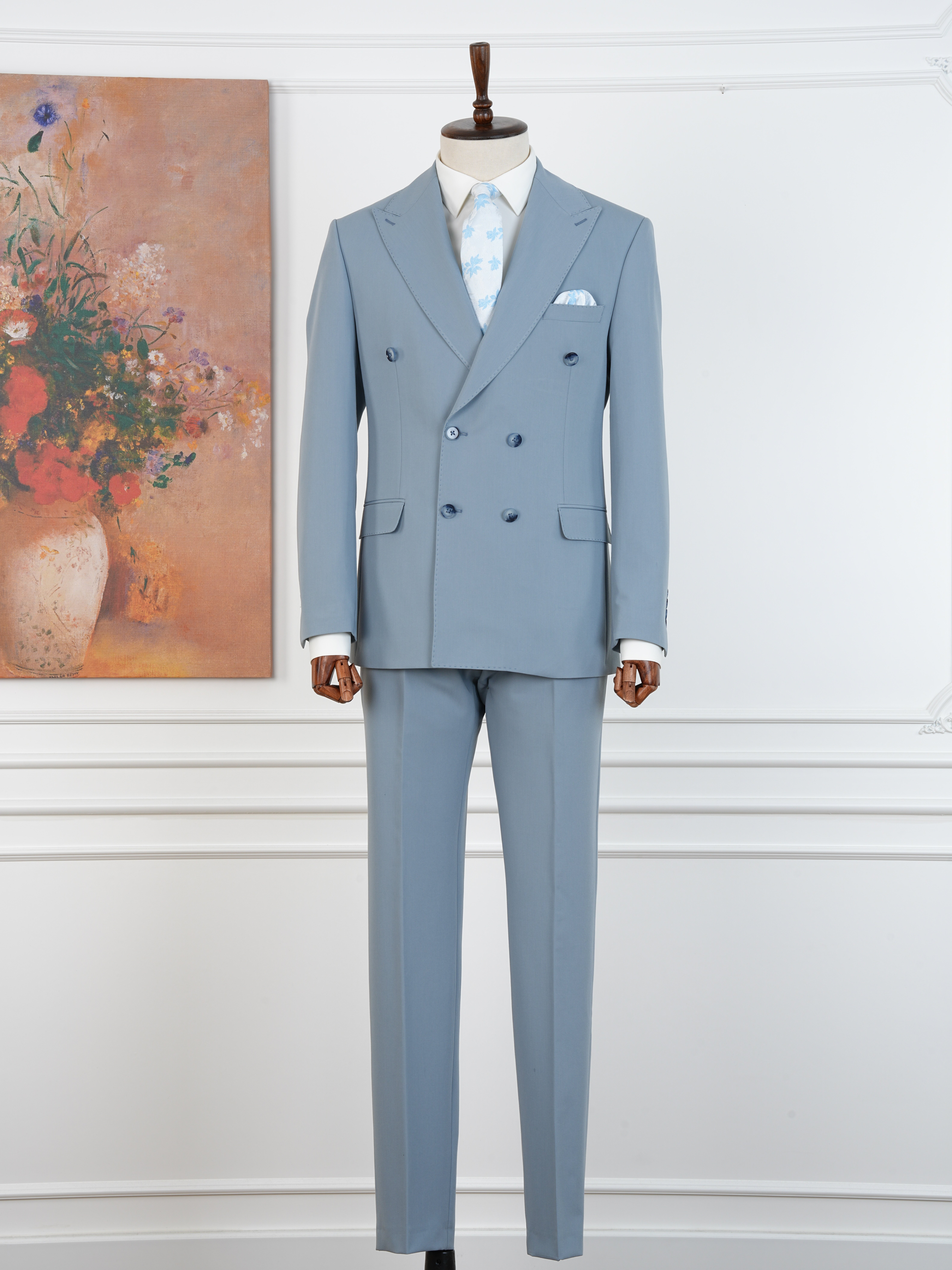 Premium Erkek Slim Fit İtalyan Stil Yarım Astarlı Kruvaze Takım Elbise - Buz Mavisi
